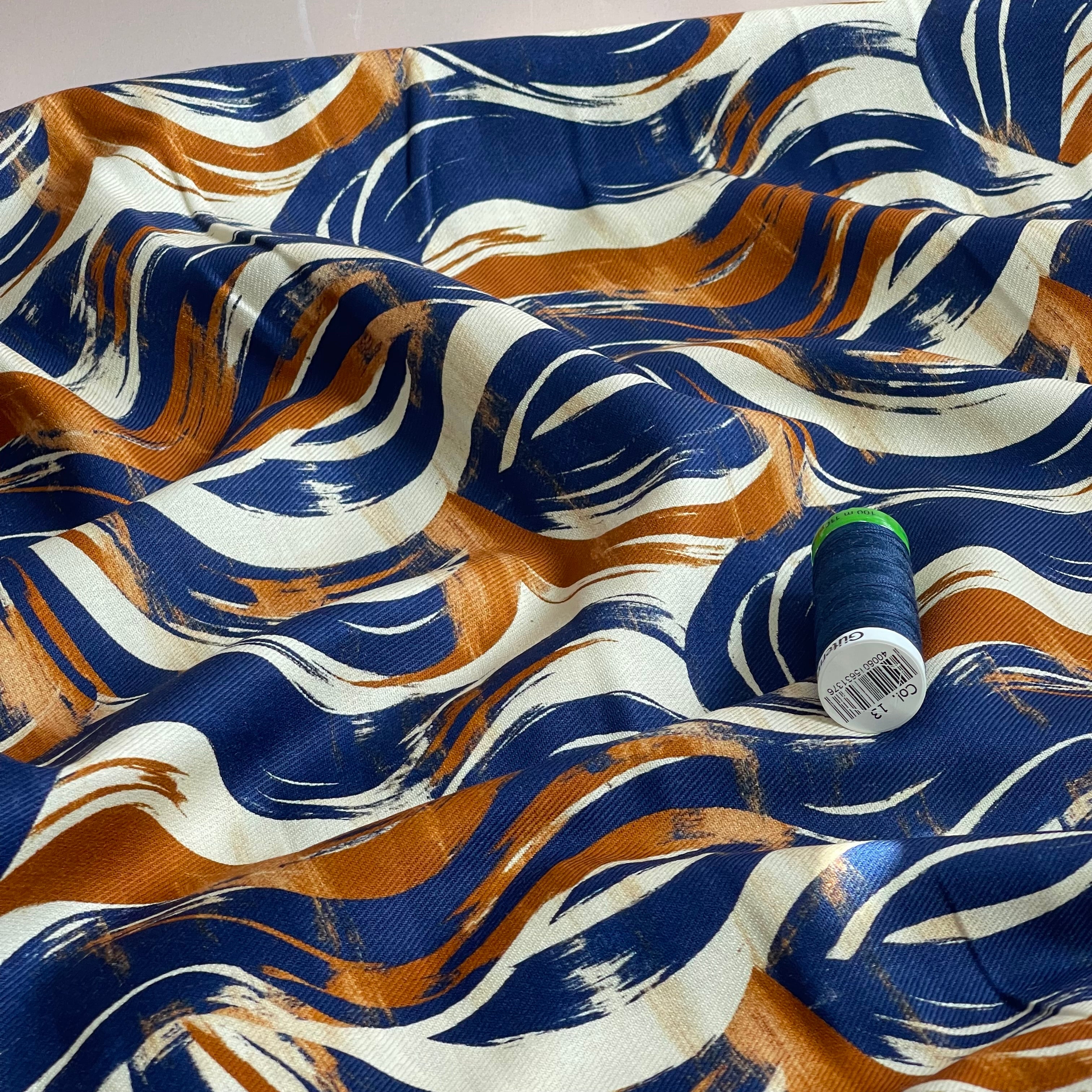 Navy & Rust Painted Swirls Viscose Cotton Twill