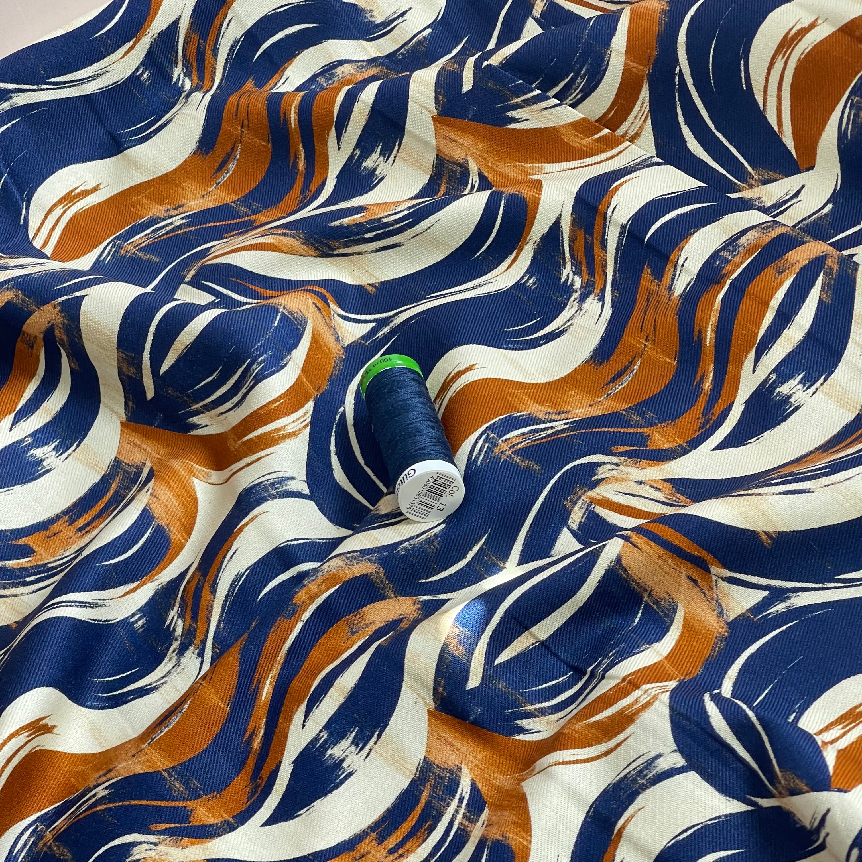 Navy & Rust Painted Swirls Viscose Cotton Twill