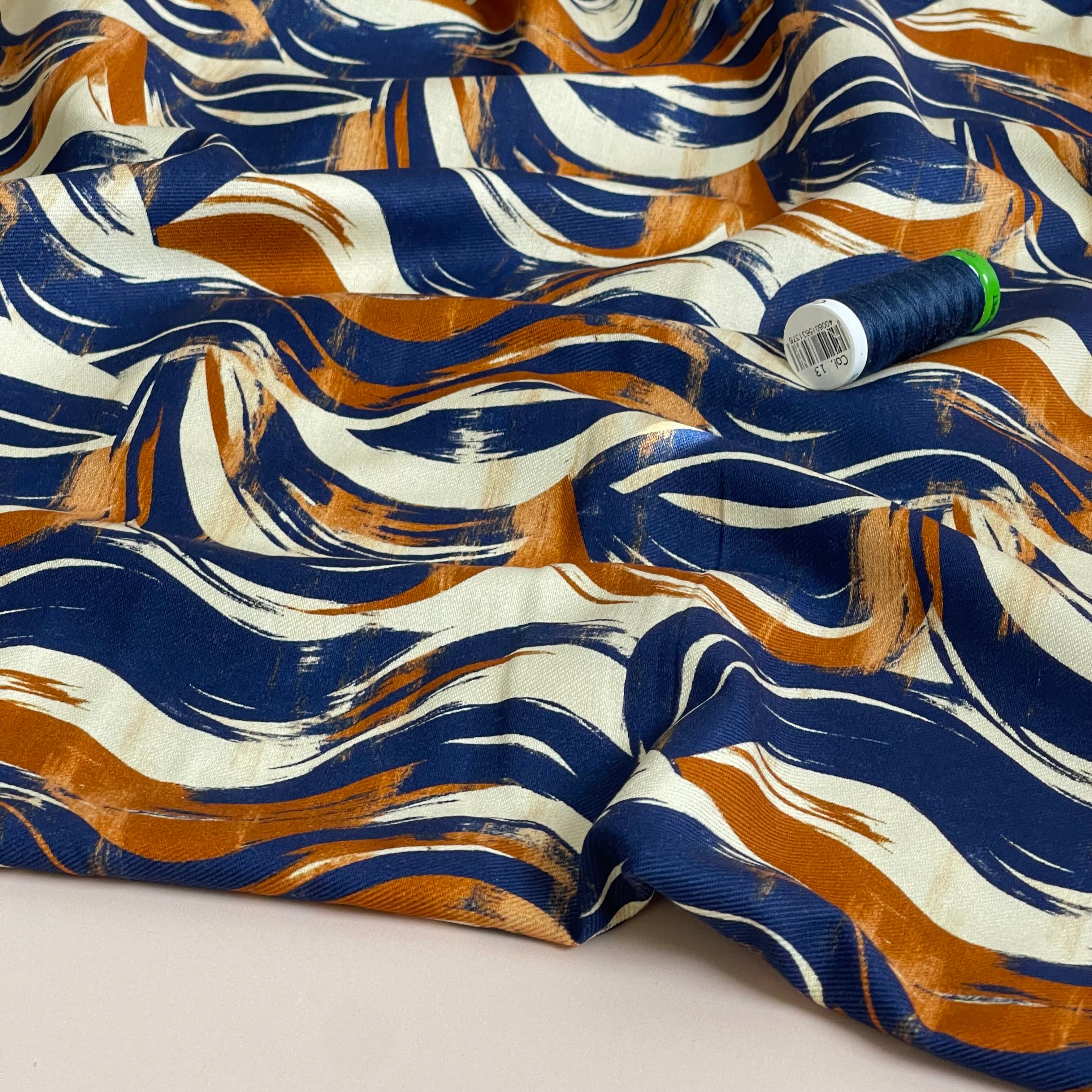 Navy & Rust Painted Swirls Viscose Cotton Twill