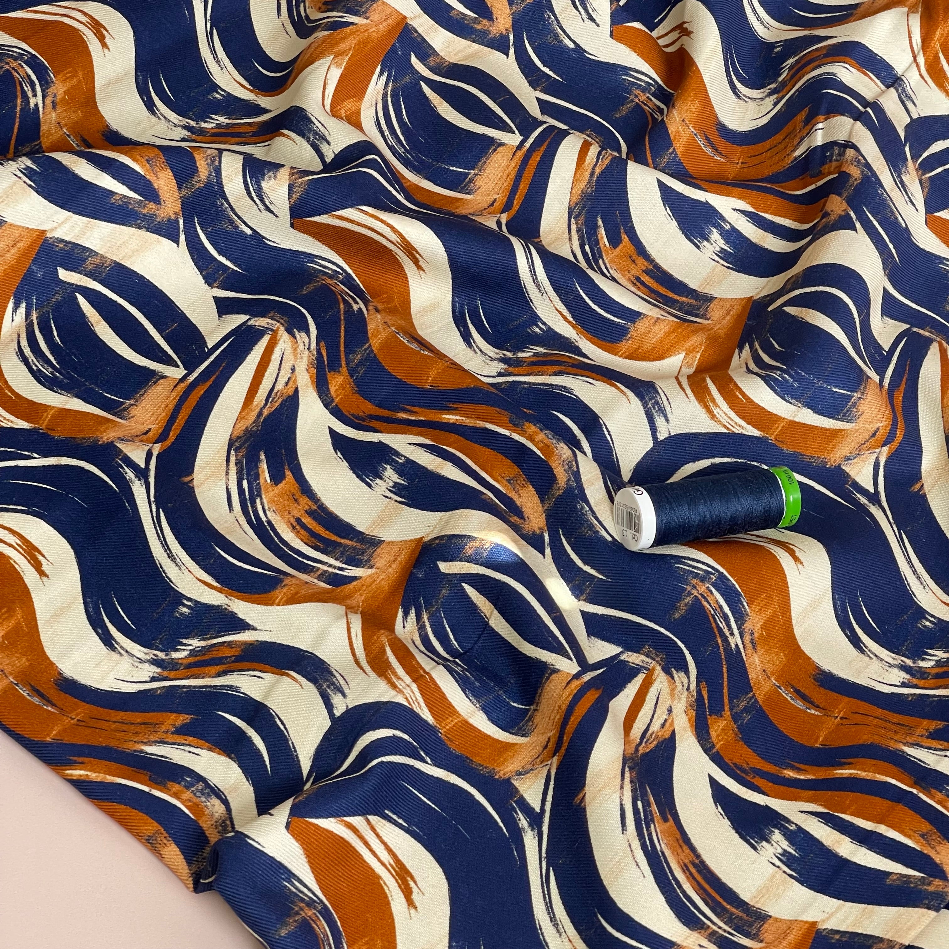 Navy & Rust Painted Swirls Viscose Cotton Twill