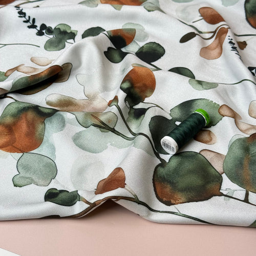 Light & Lush - Eucalyptus Leaves Green & Rust Viscose Twill Fabric
