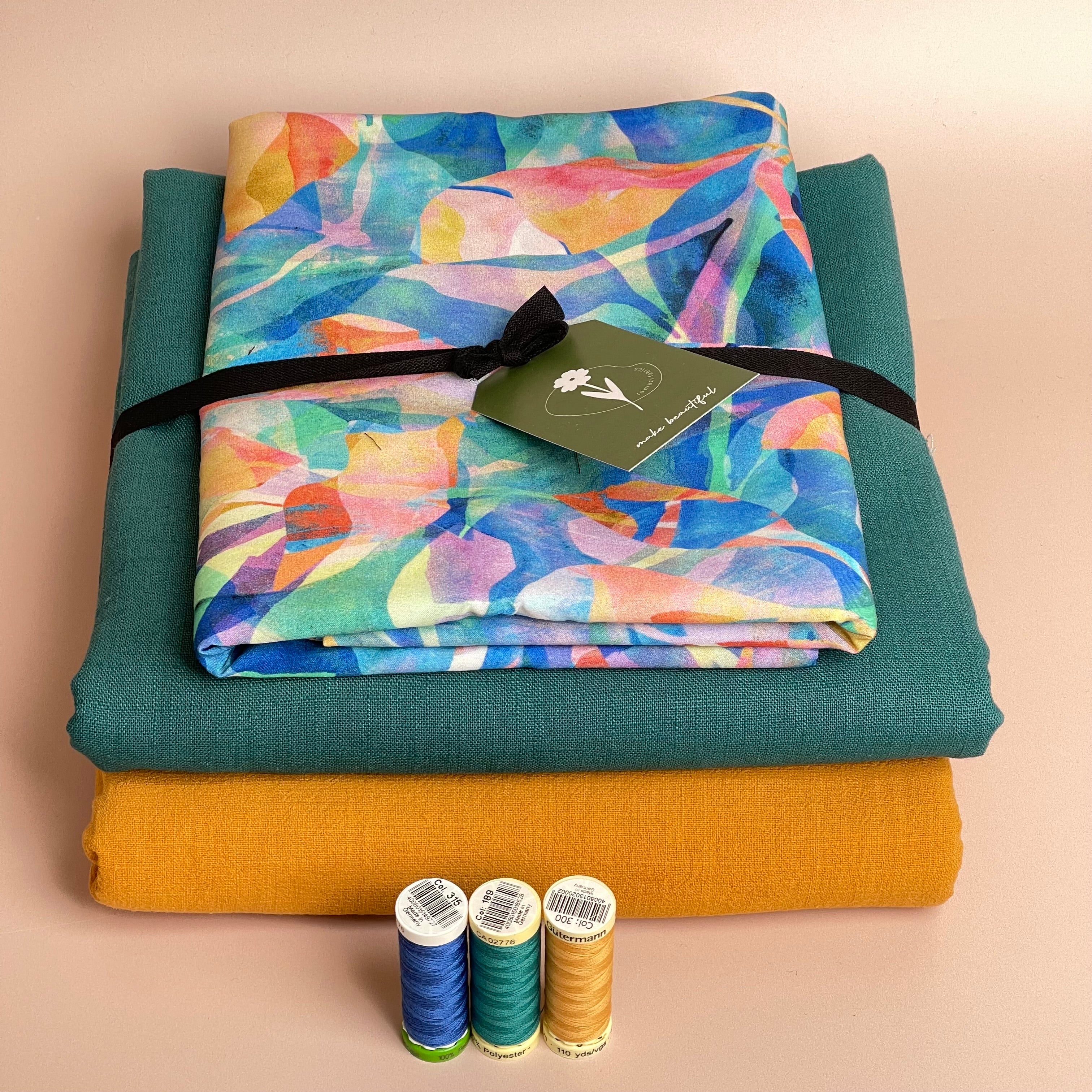 Make an Outfit Colour Bundle - Painted Foliage Coast Viscose with Breeze Teal Washed Linen