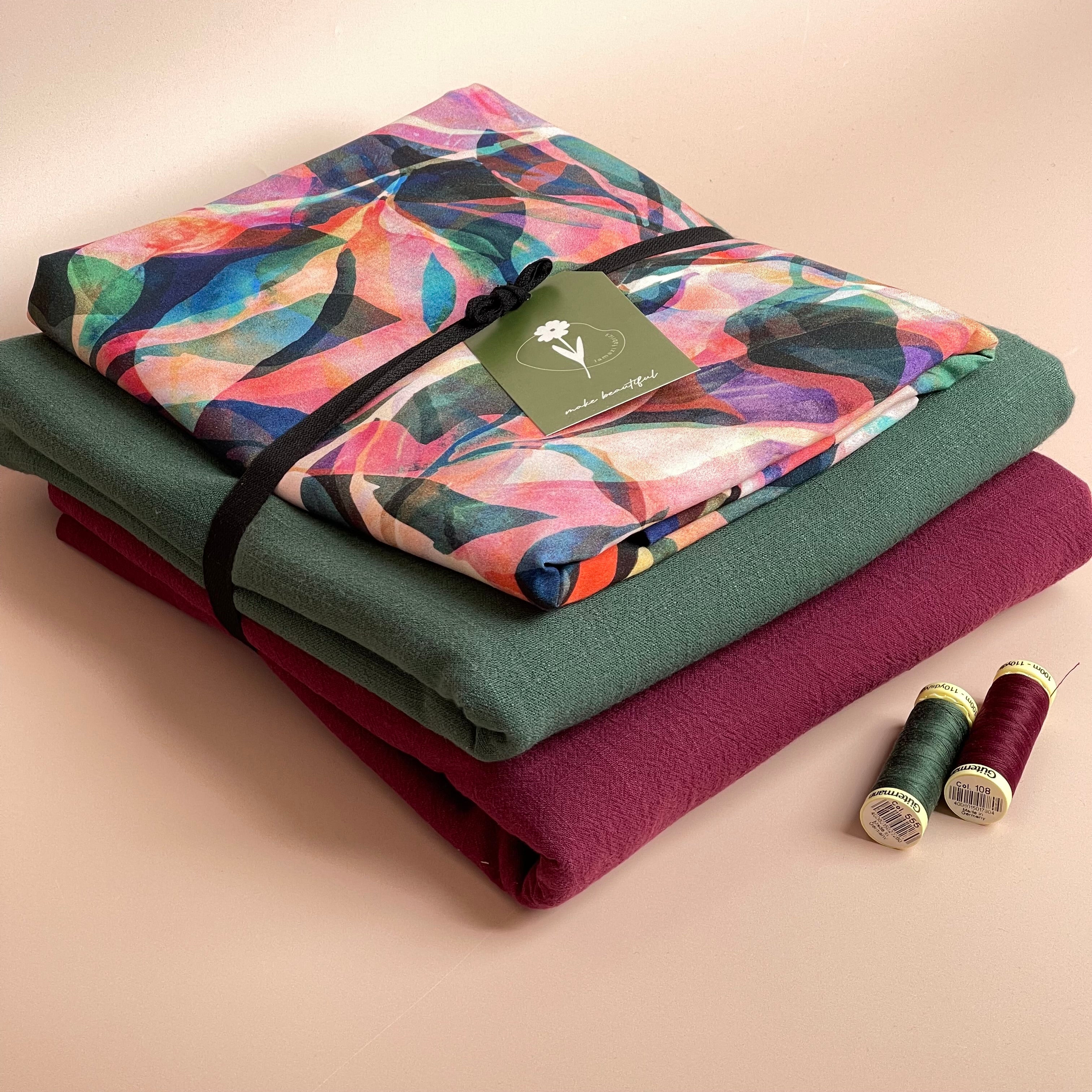 Make an Outfit Colour Bundle - Painted Foliage Forest Viscose with Vintage Cotton