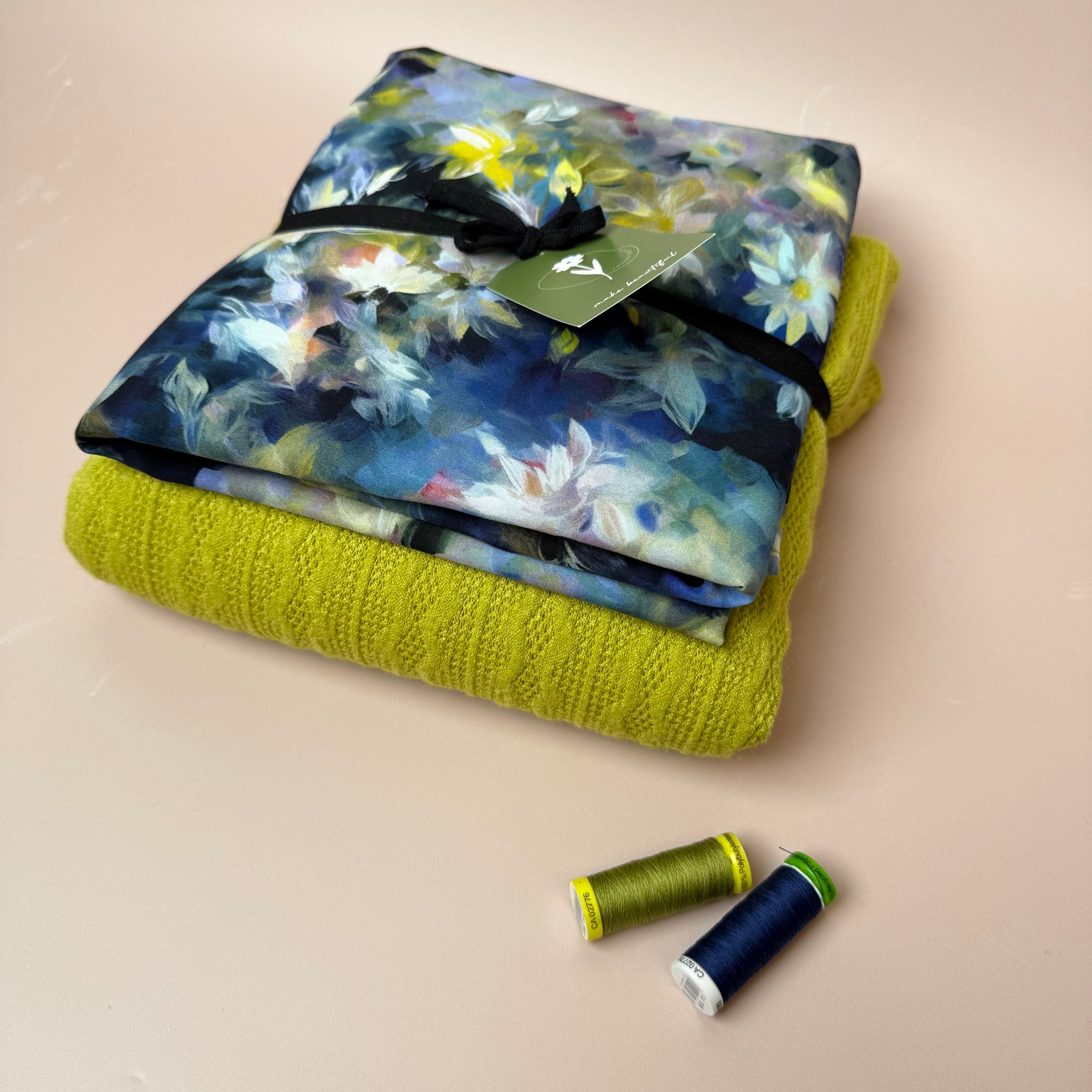 Make an Outfit Colour Bundle - Watercolour Florals Viscose in Blue and Lace Knit