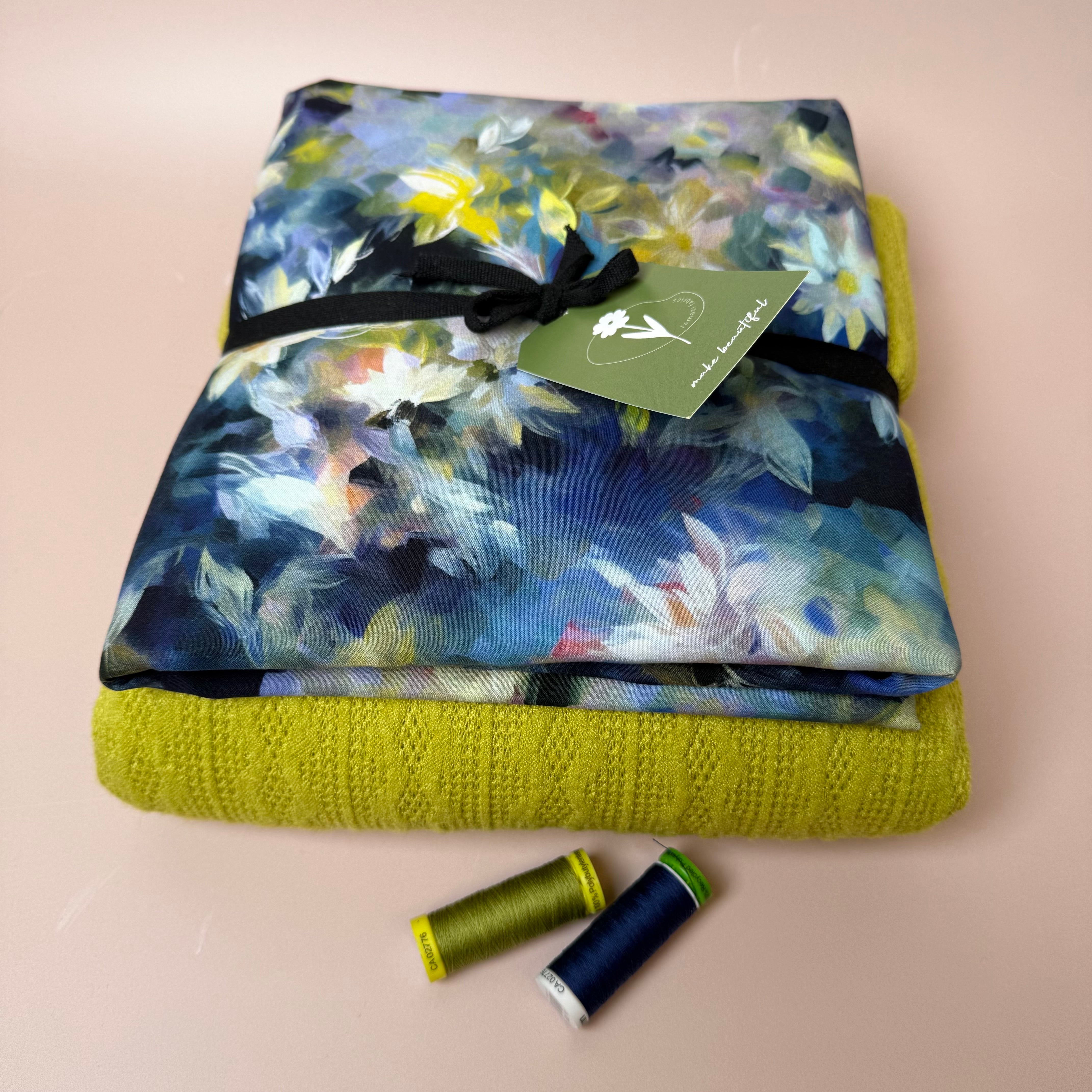 Make an Outfit Colour Bundle - Watercolour Florals Viscose in Blue and Lace Knit