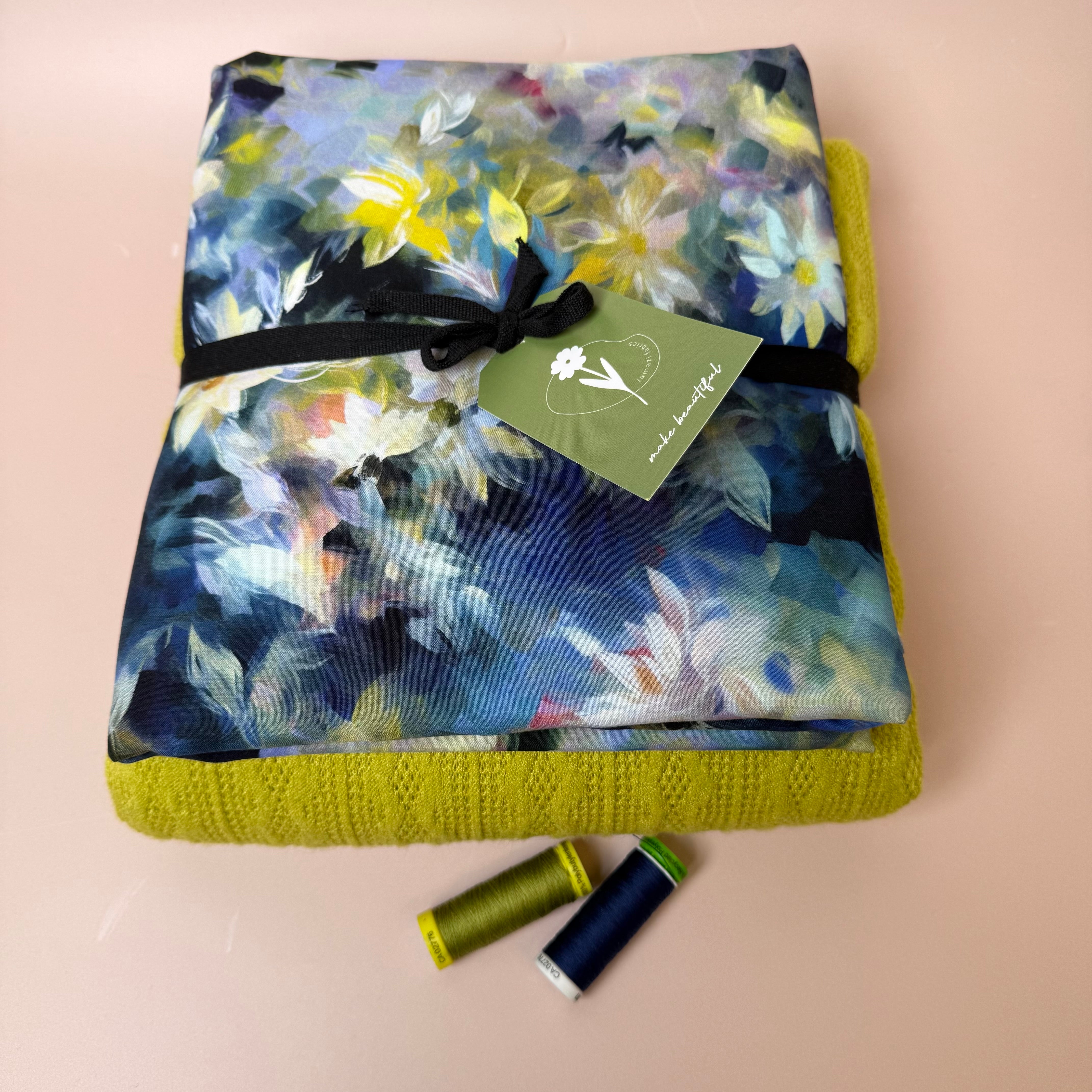 Make an Outfit Colour Bundle - Watercolour Florals Viscose in Blue and Lace Knit