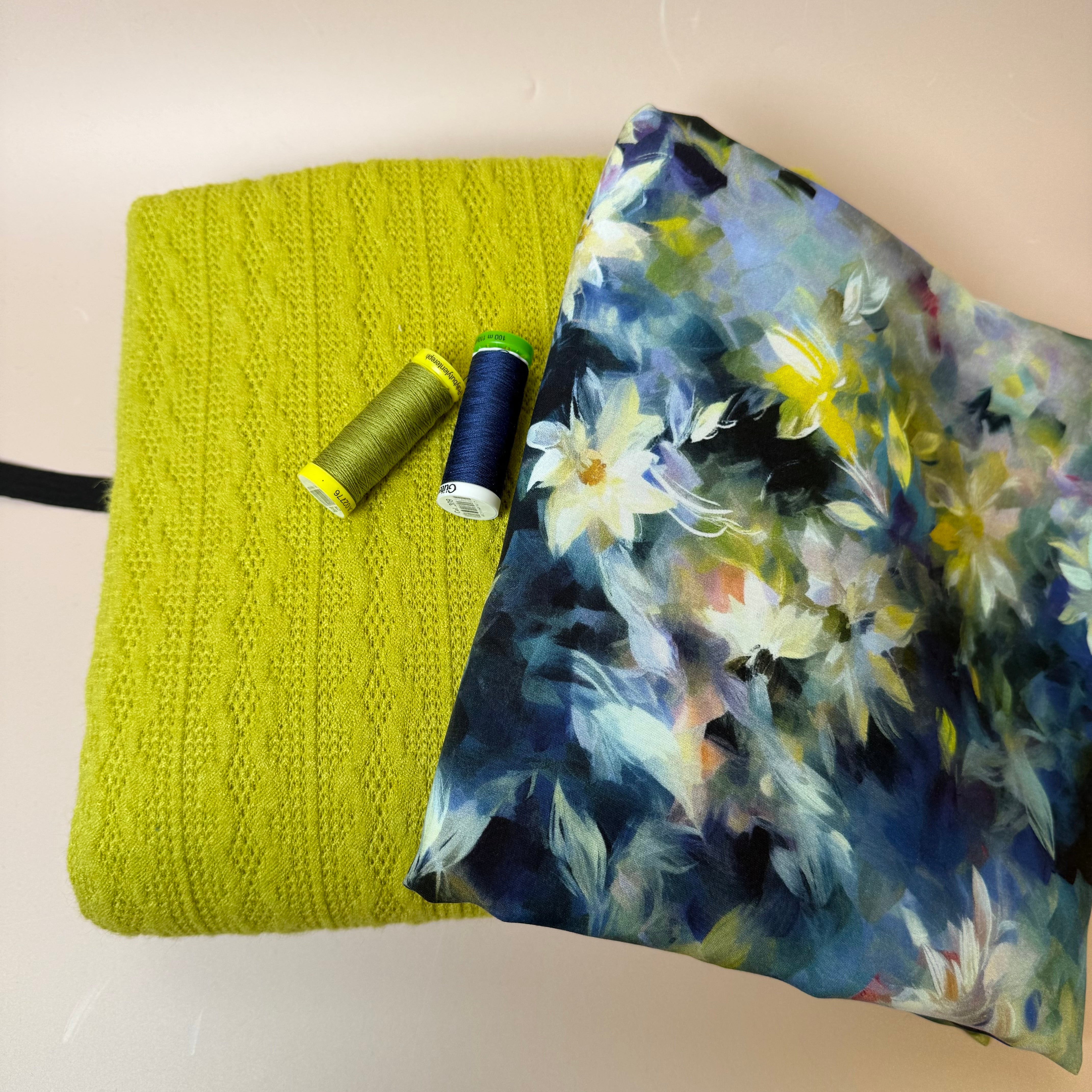 Make an Outfit Colour Bundle - Watercolour Florals Viscose in Blue and Lace Knit