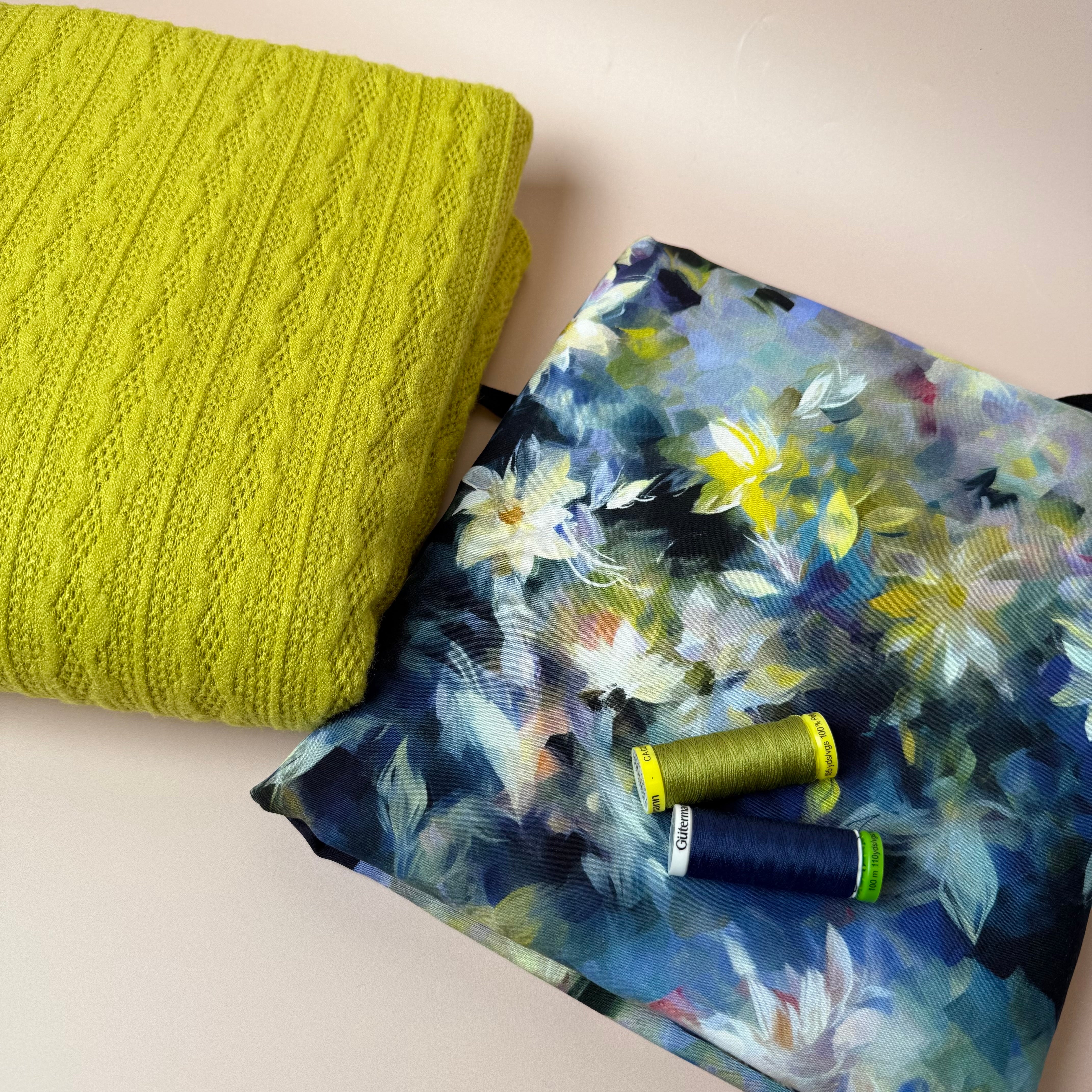 Make an Outfit Colour Bundle - Watercolour Florals Viscose in Blue and Lace Knit