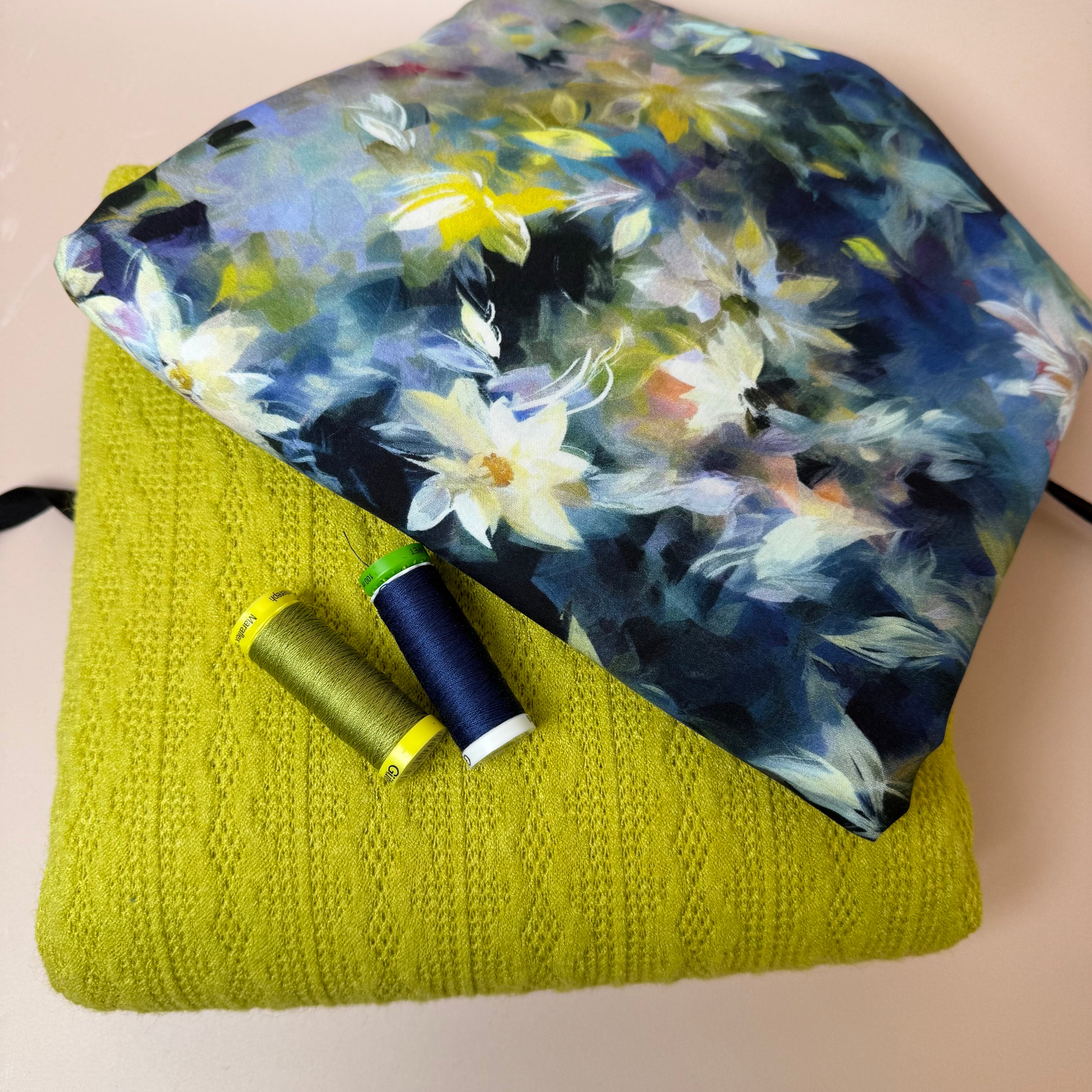 Make an Outfit Colour Bundle - Watercolour Florals Viscose in Blue and Lace Knit