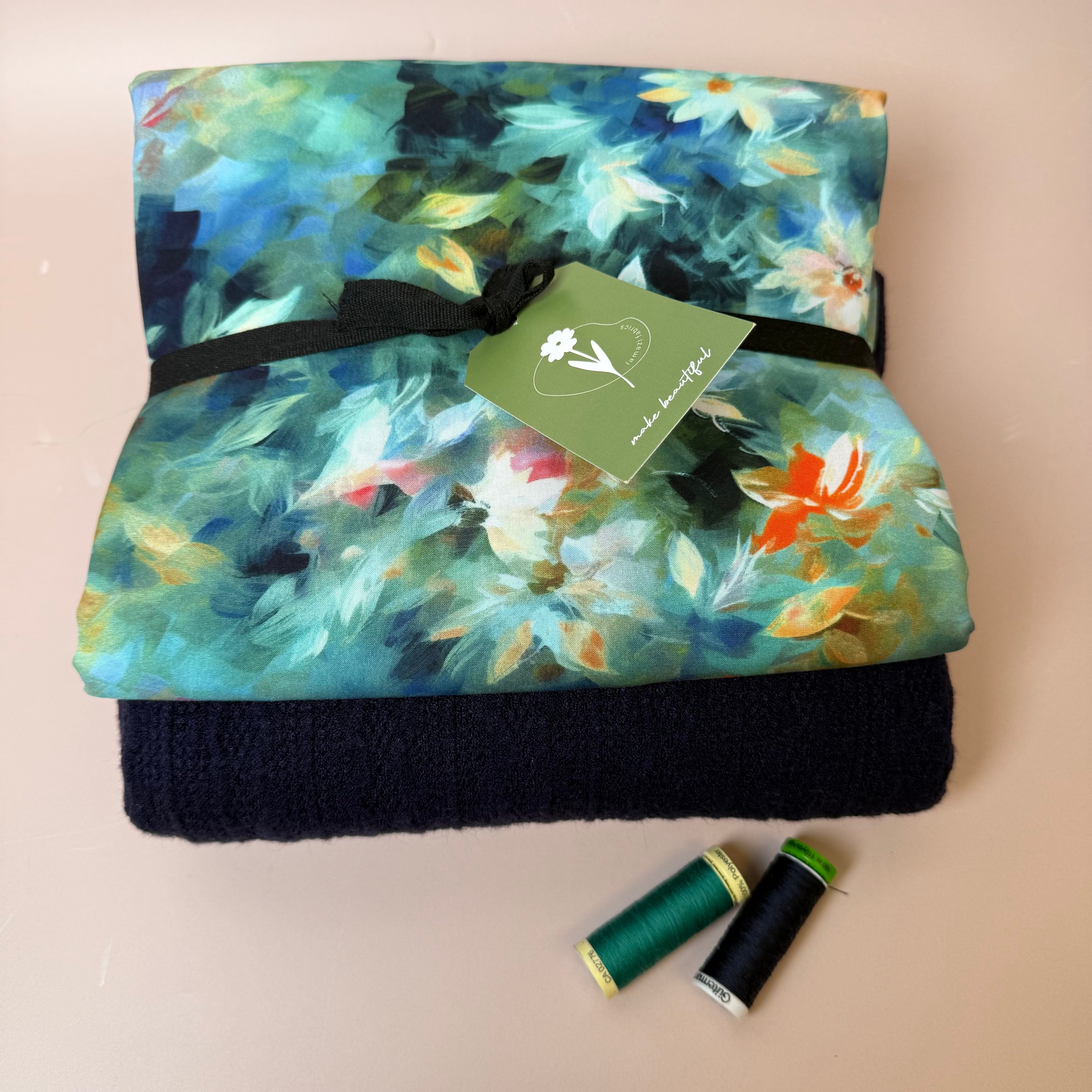 Make an Outfit Colour Bundle - Watercolour Florals Viscose in Teal and Lace Knit