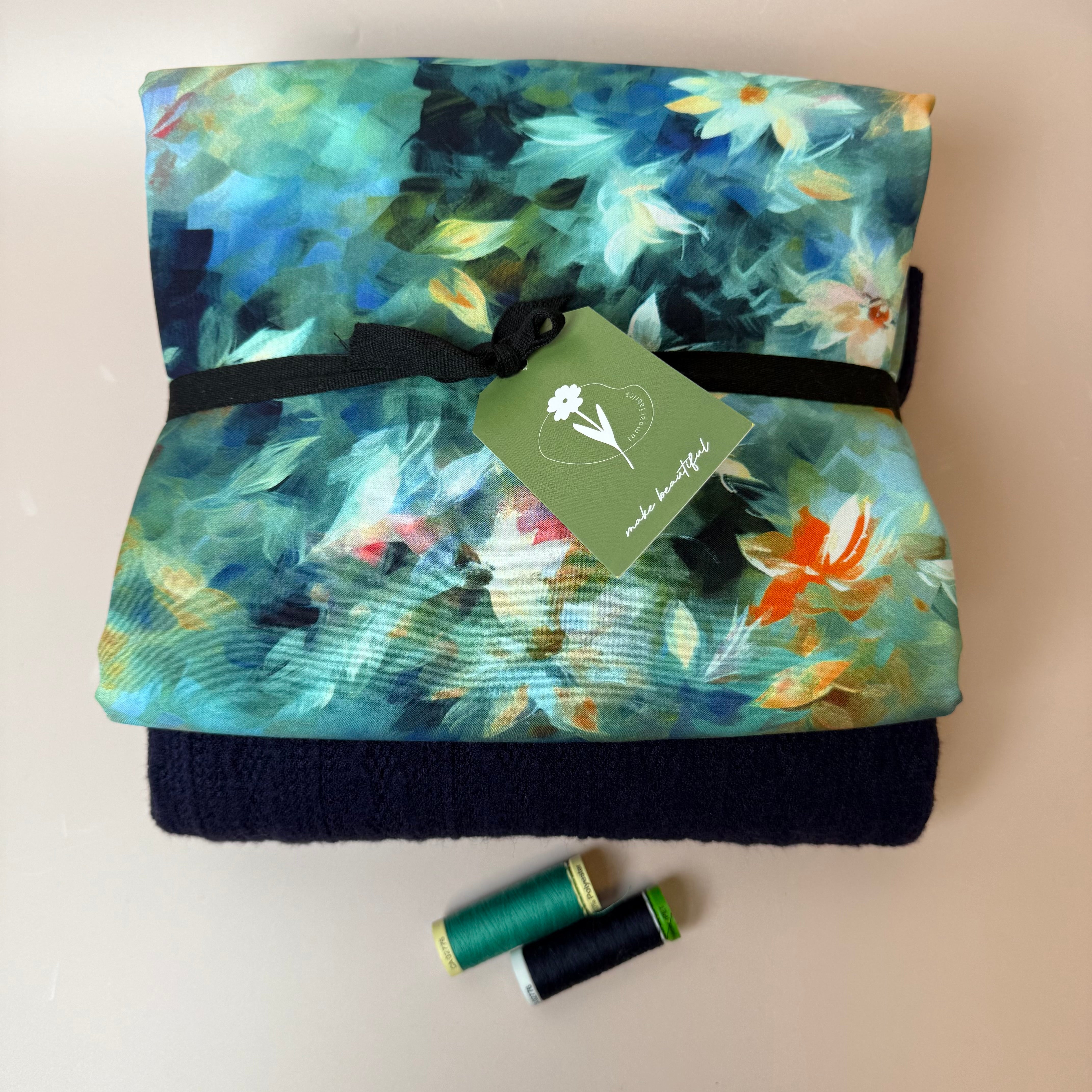 Make an Outfit Colour Bundle - Watercolour Florals Viscose in Teal and Lace Knit