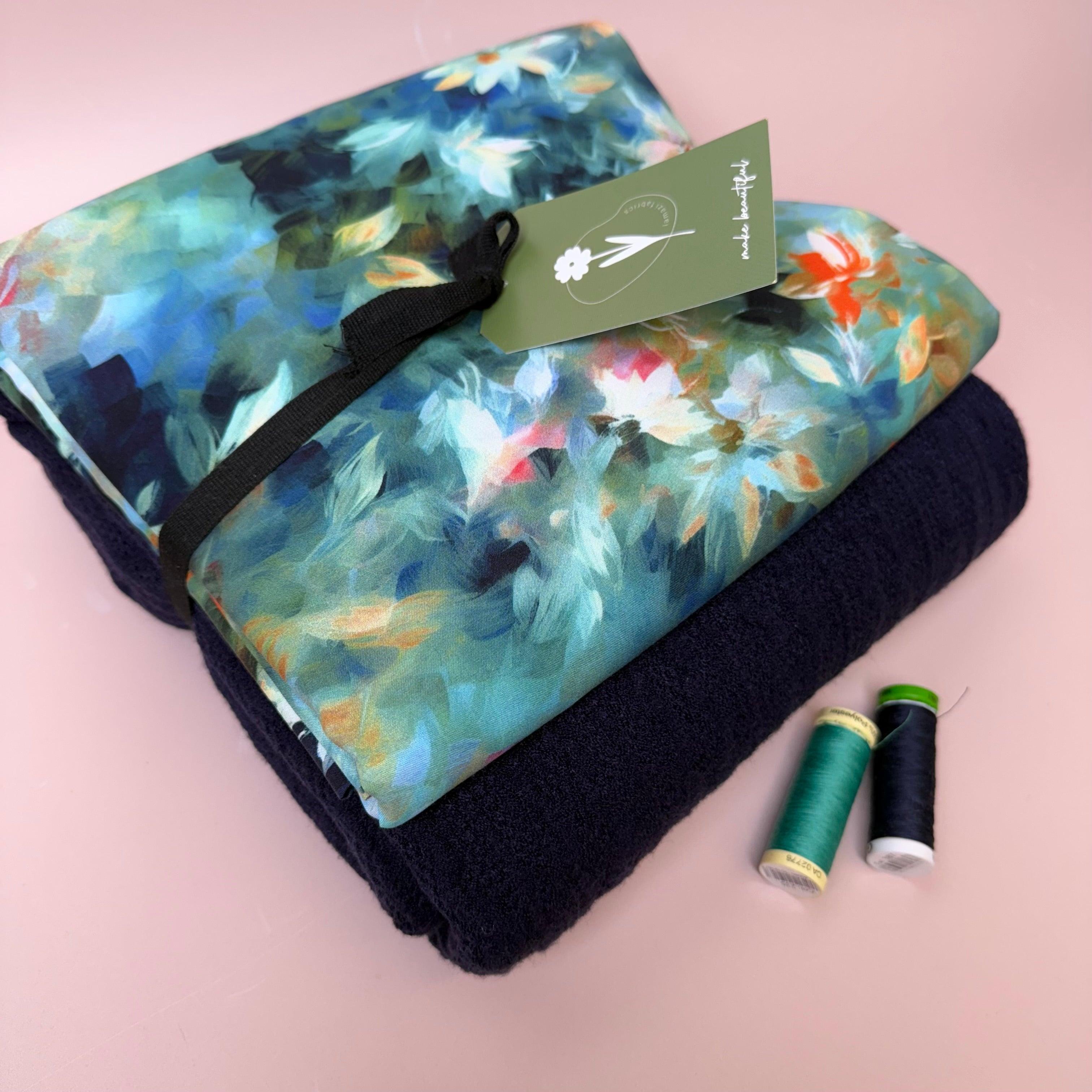 Make an Outfit Colour Bundle - Watercolour Florals Viscose in Teal and Lace Knit