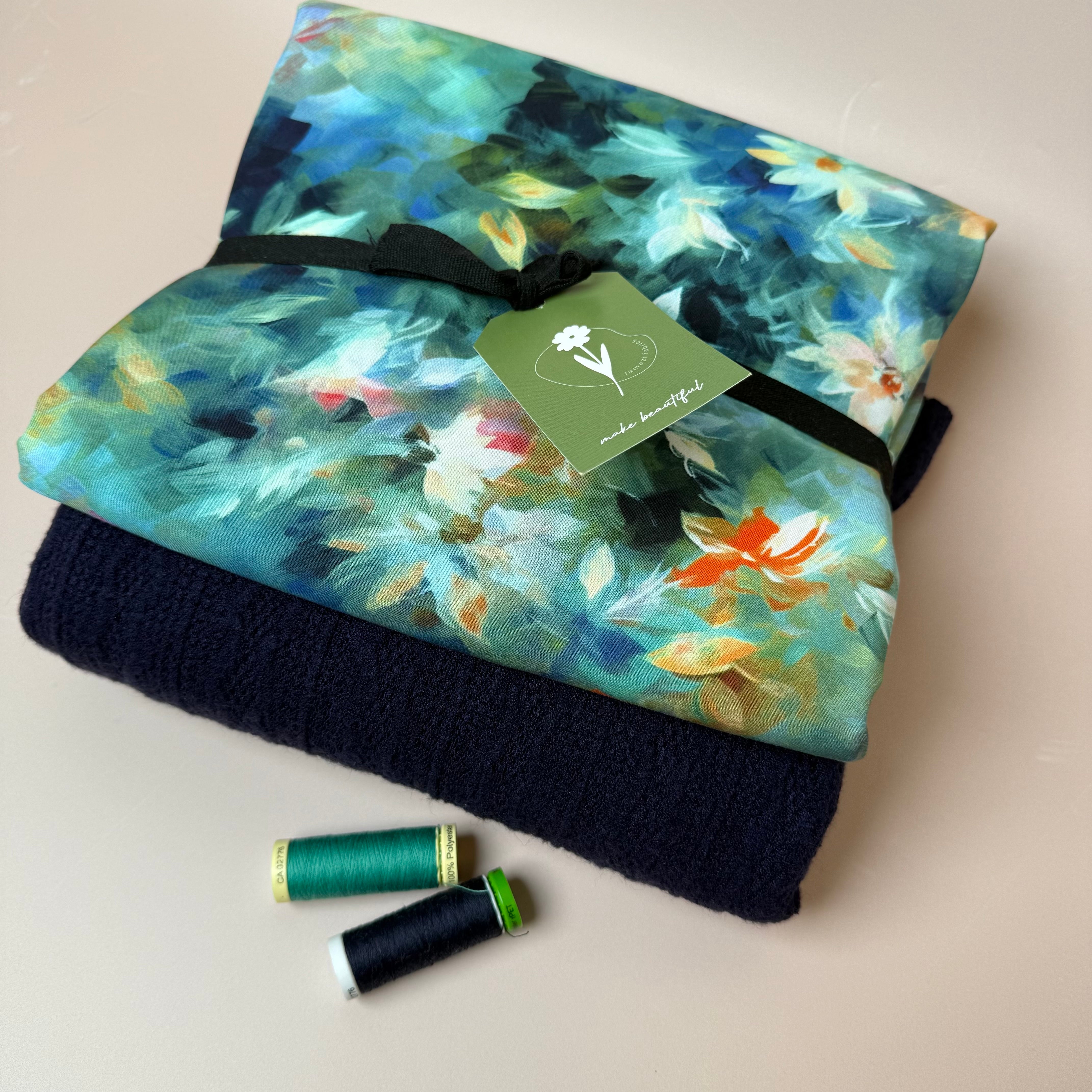 Make an Outfit Colour Bundle - Watercolour Florals Viscose in Teal and Lace Knit