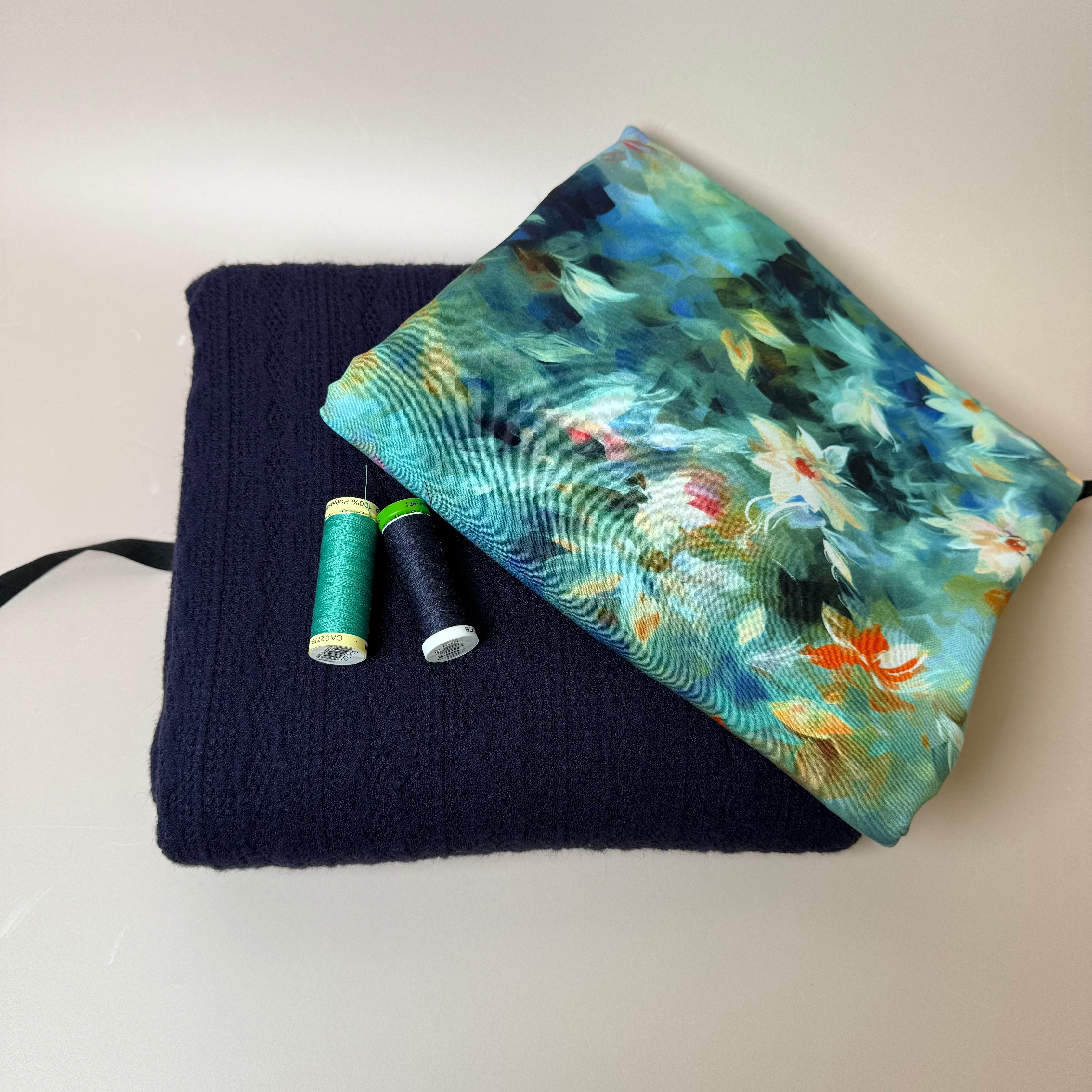 Make an Outfit Colour Bundle - Watercolour Florals Viscose in Teal and Lace Knit