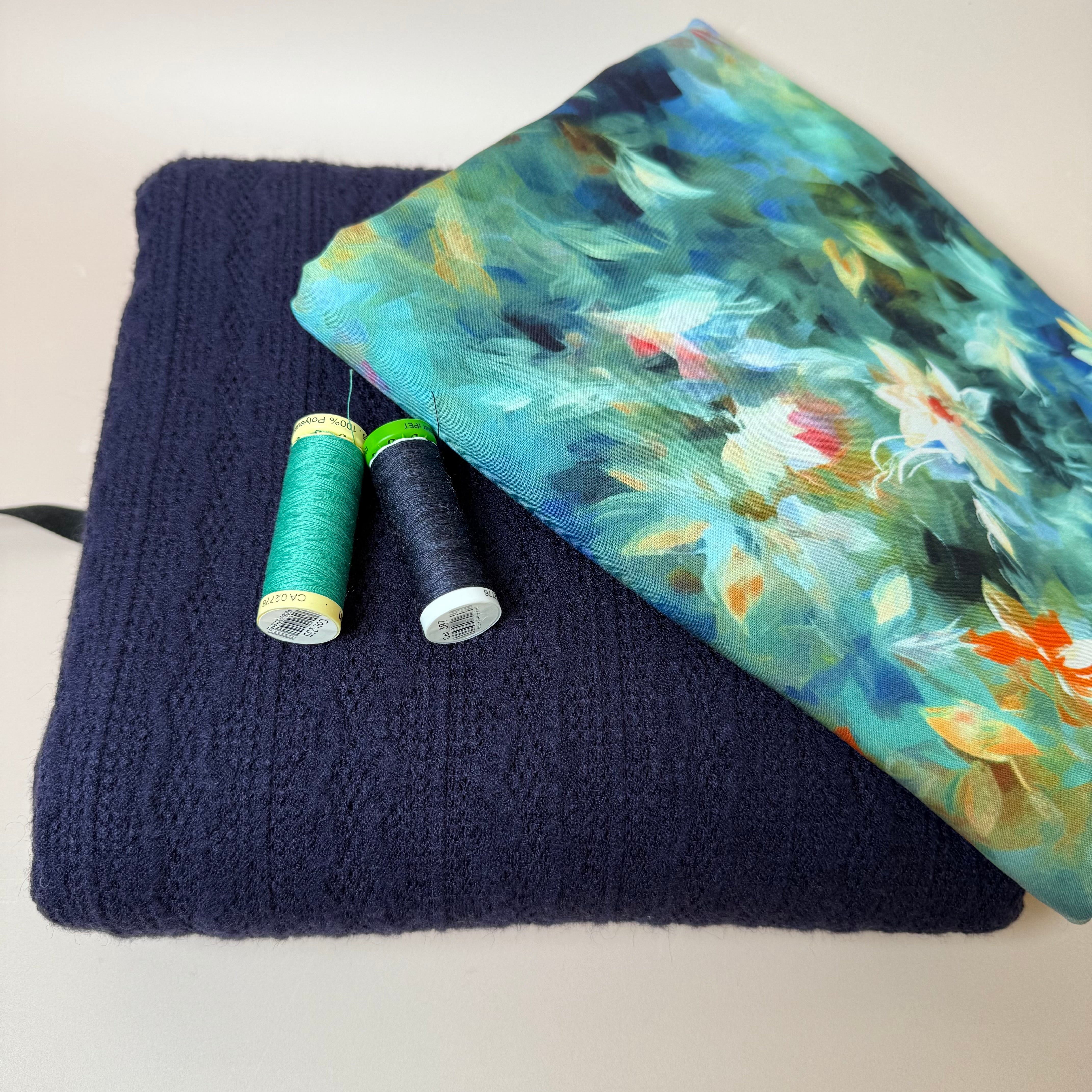 Make an Outfit Colour Bundle - Watercolour Florals Viscose in Teal and Lace Knit