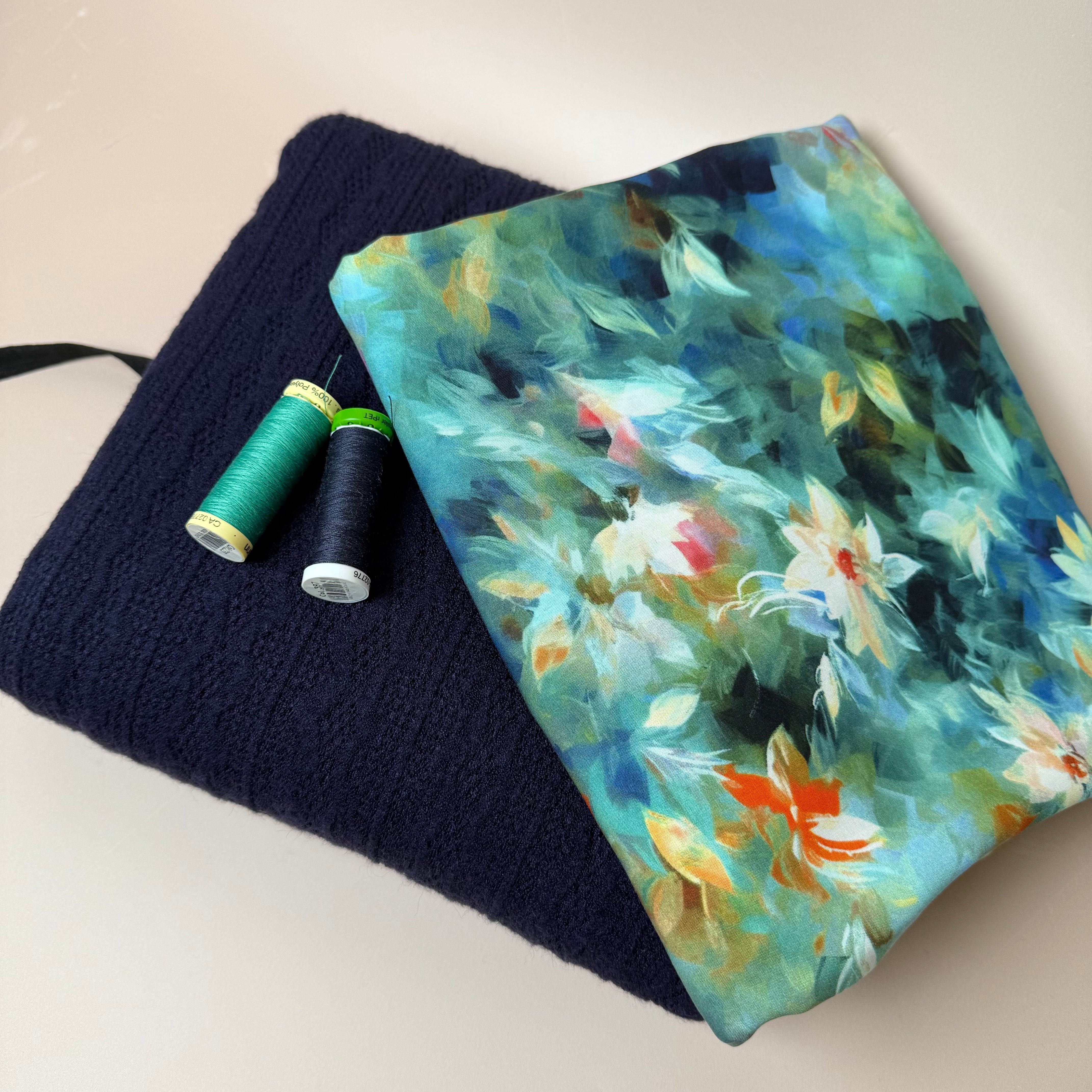 Make an Outfit Colour Bundle - Watercolour Florals Viscose in Teal and Lace Knit