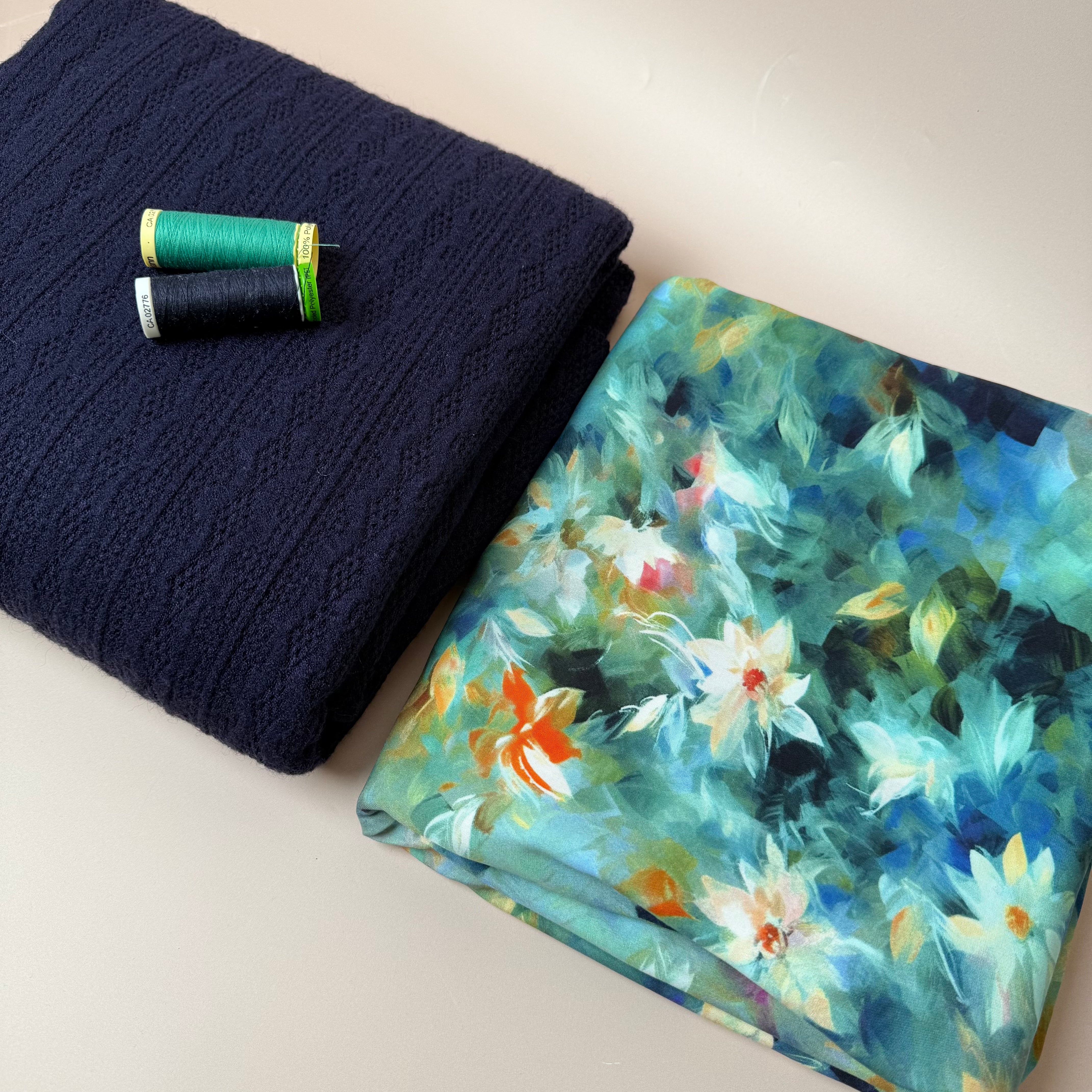 Make an Outfit Colour Bundle - Watercolour Florals Viscose in Teal and Lace Knit