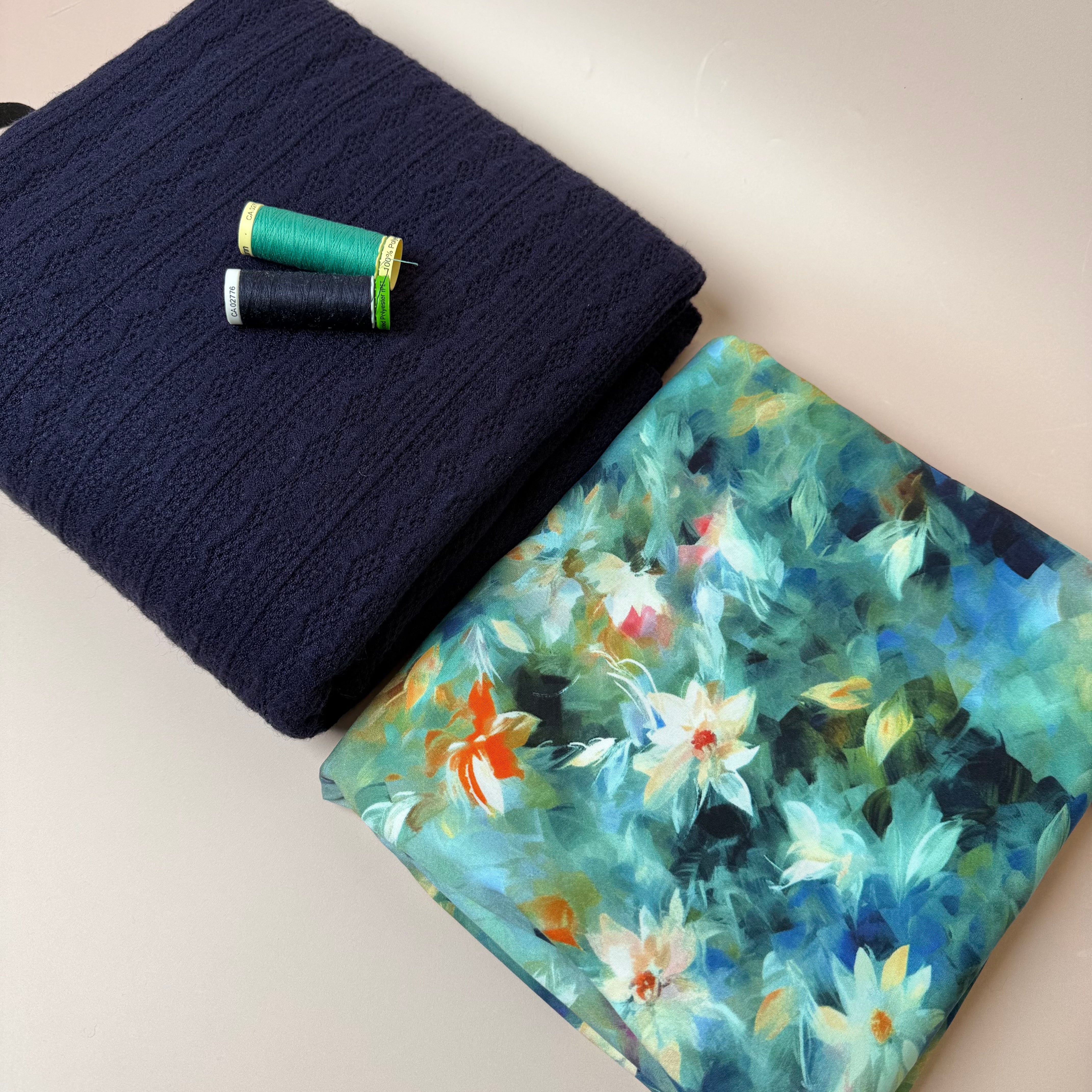 Make an Outfit Colour Bundle - Watercolour Florals Viscose in Teal and Lace Knit