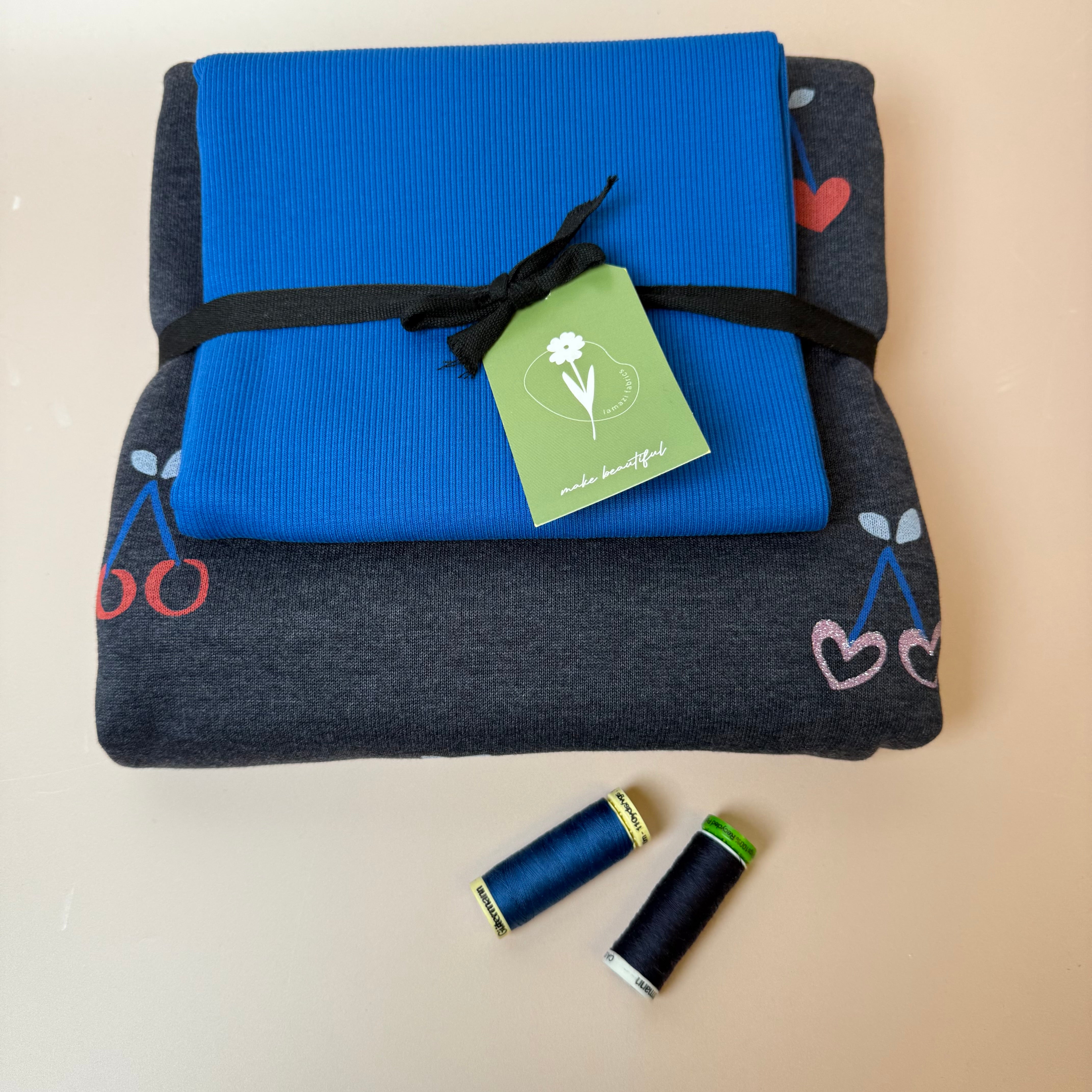 Colour Bundles - Cherries on Melange Dark Navy Sweatshirt & Ribbing