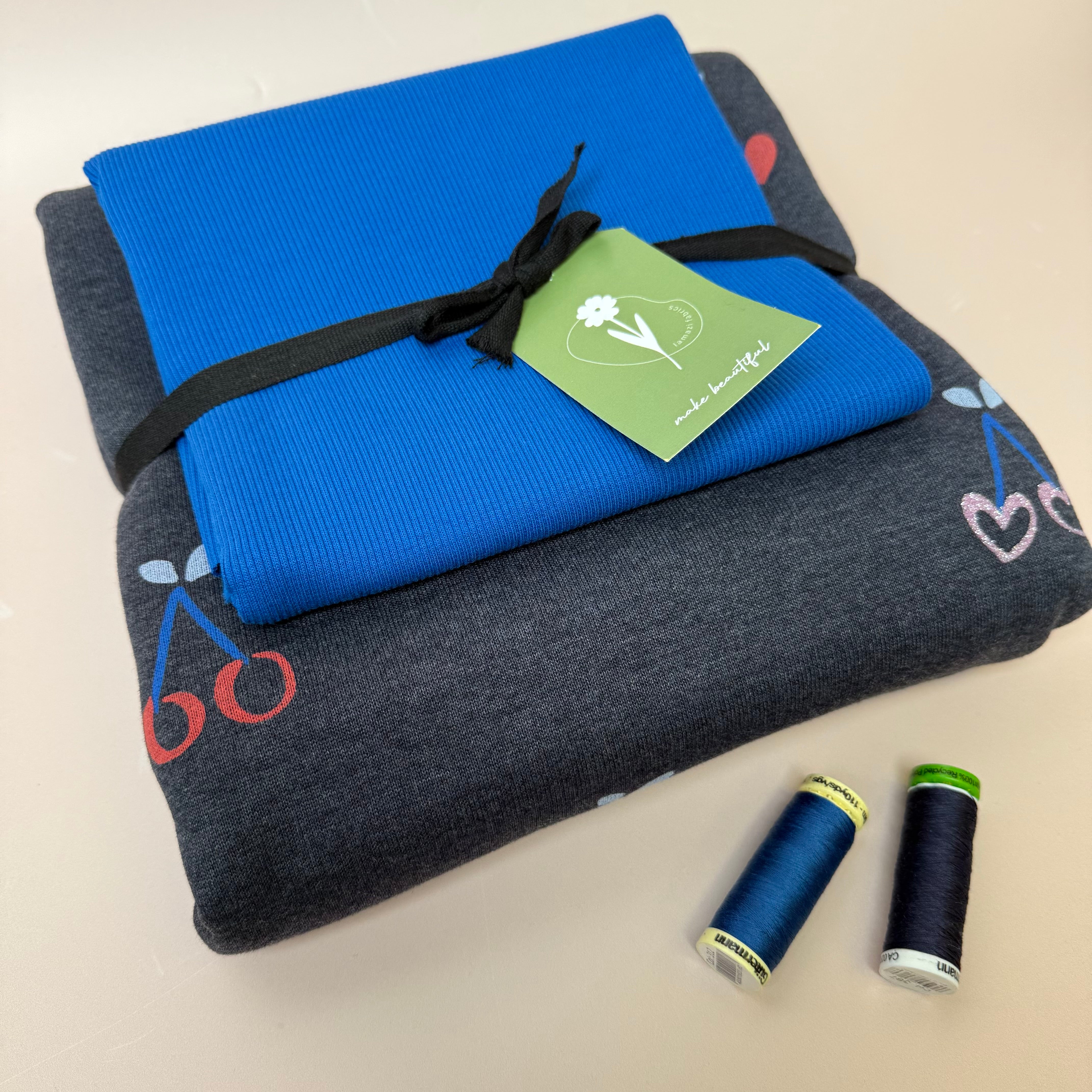 Colour Bundles - Cherries on Melange Dark Navy Sweatshirt & Ribbing
