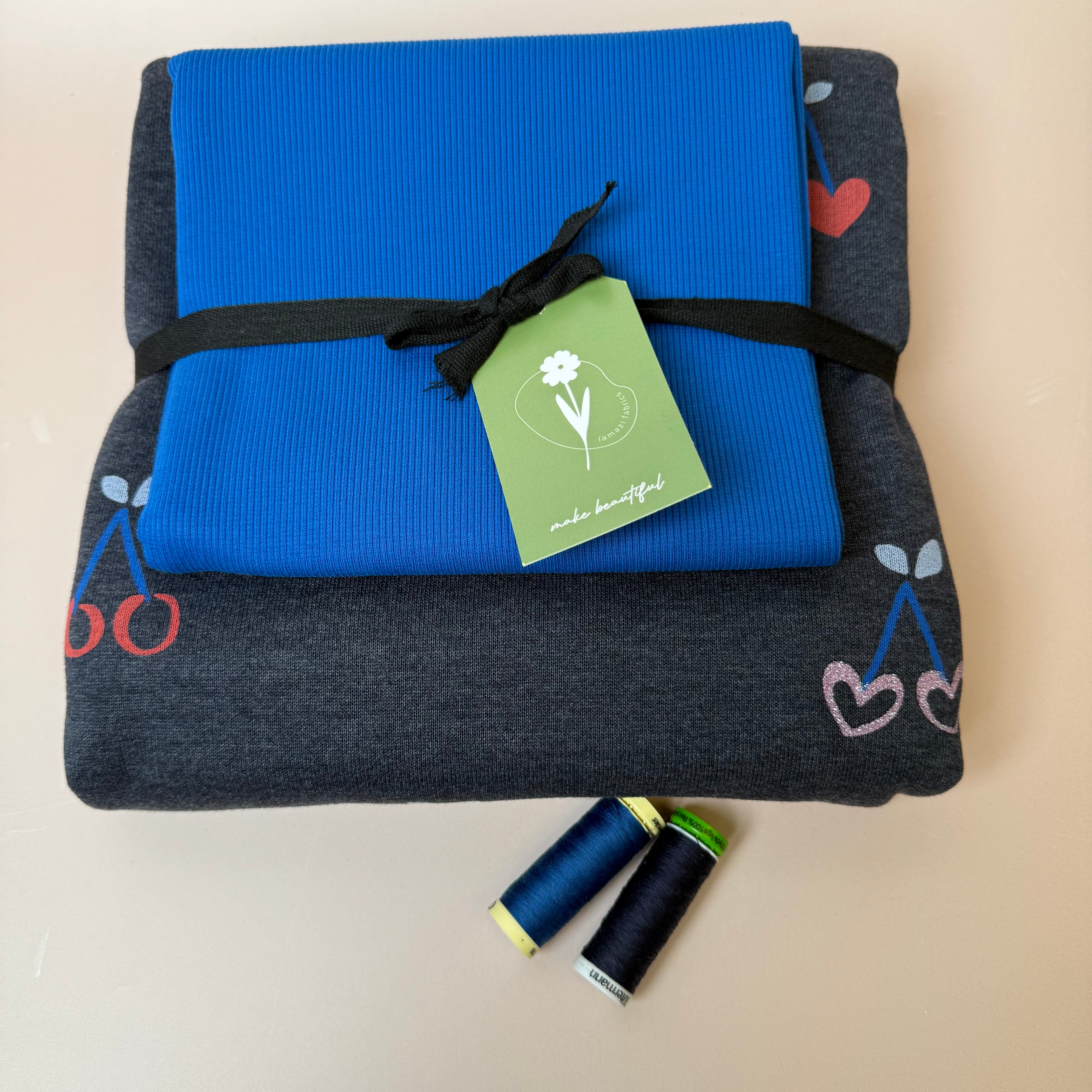 Colour Bundles - Cherries on Melange Dark Navy Sweatshirt & Ribbing