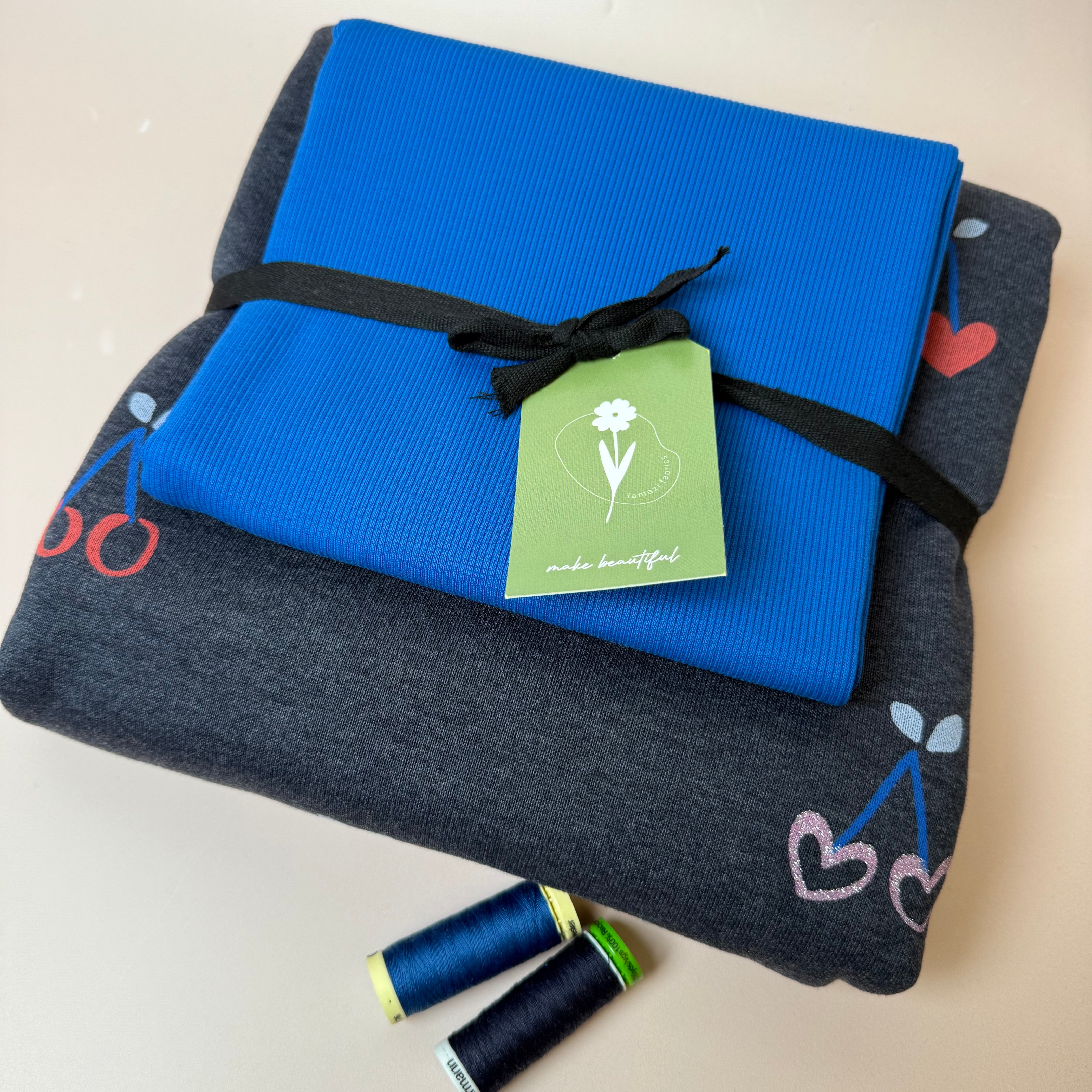 Colour Bundles - Cherries on Melange Dark Navy Sweatshirt & Ribbing
