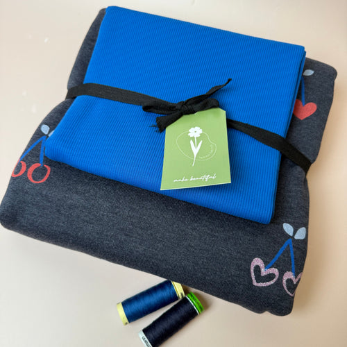 Colour Bundles - Cherries on Melange Dark Navy Sweatshirt & Ribbing