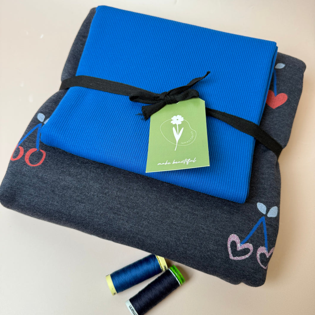 Colour Bundles - Cherries on Melange Dark Navy Sweatshirt & Ribbing
