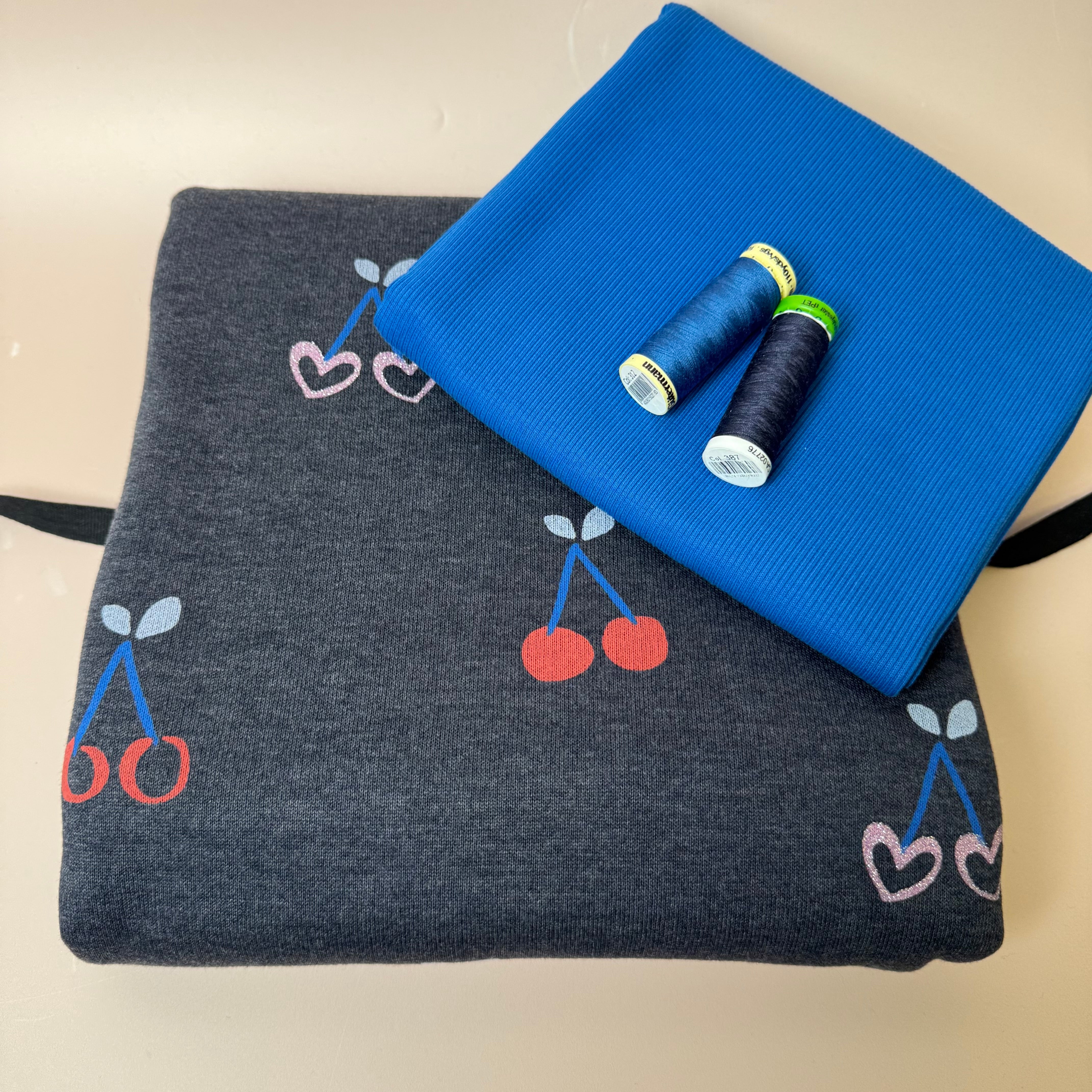 Colour Bundles - Cherries on Melange Dark Navy Sweatshirt & Ribbing