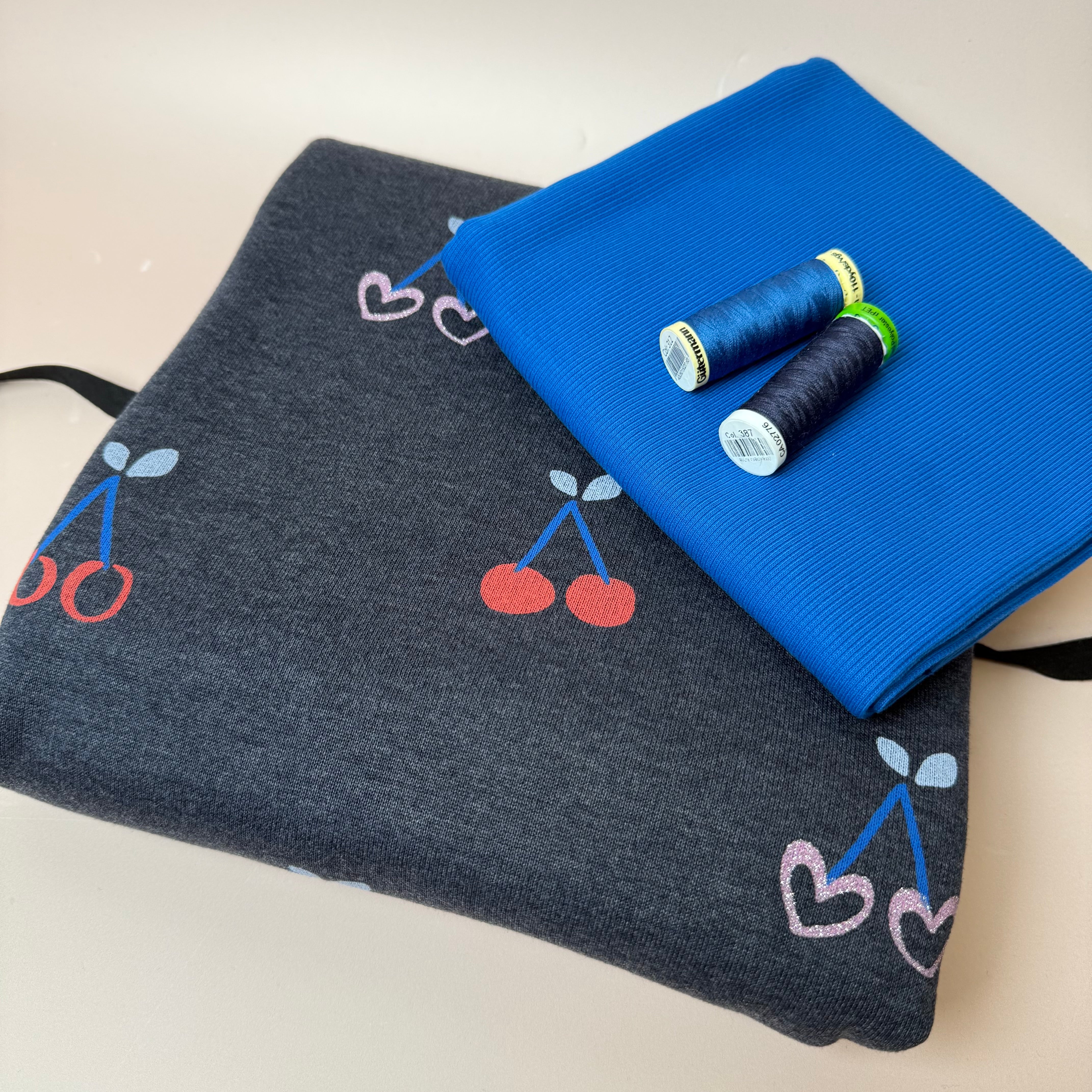 Colour Bundles - Cherries on Melange Dark Navy Sweatshirt & Ribbing