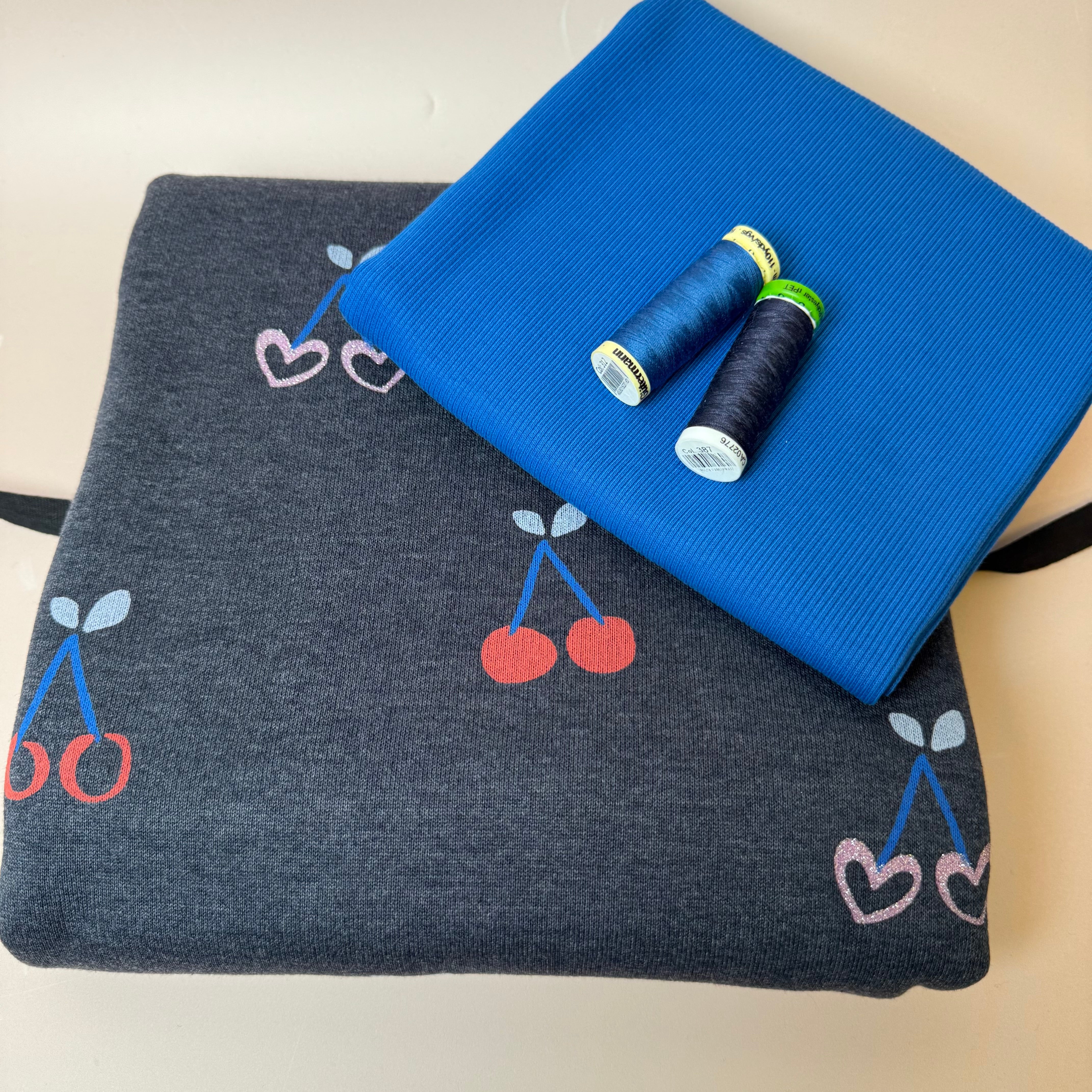 Colour Bundles - Cherries on Melange Dark Navy Sweatshirt & Ribbing