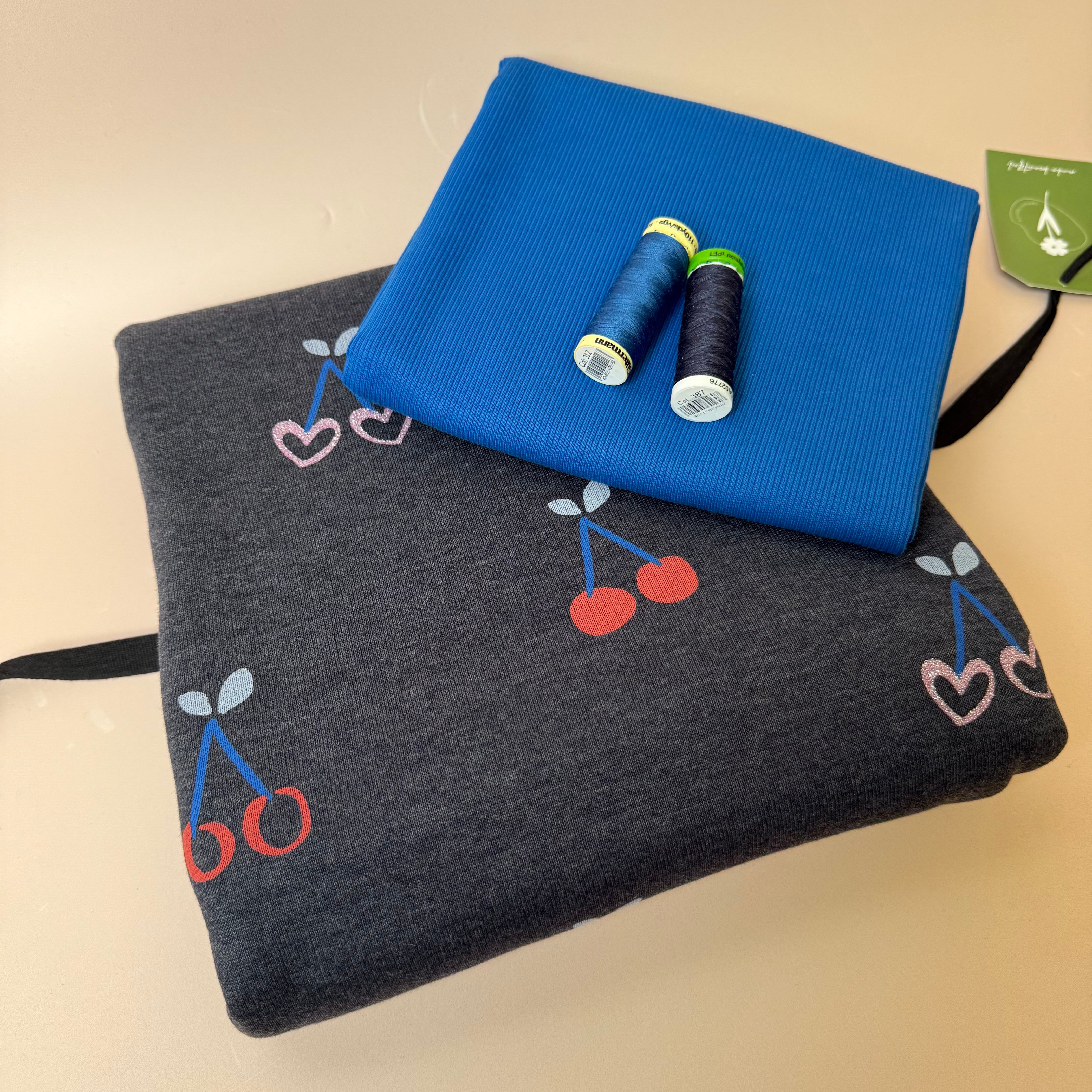 Colour Bundles - Cherries on Melange Dark Navy Sweatshirt & Ribbing