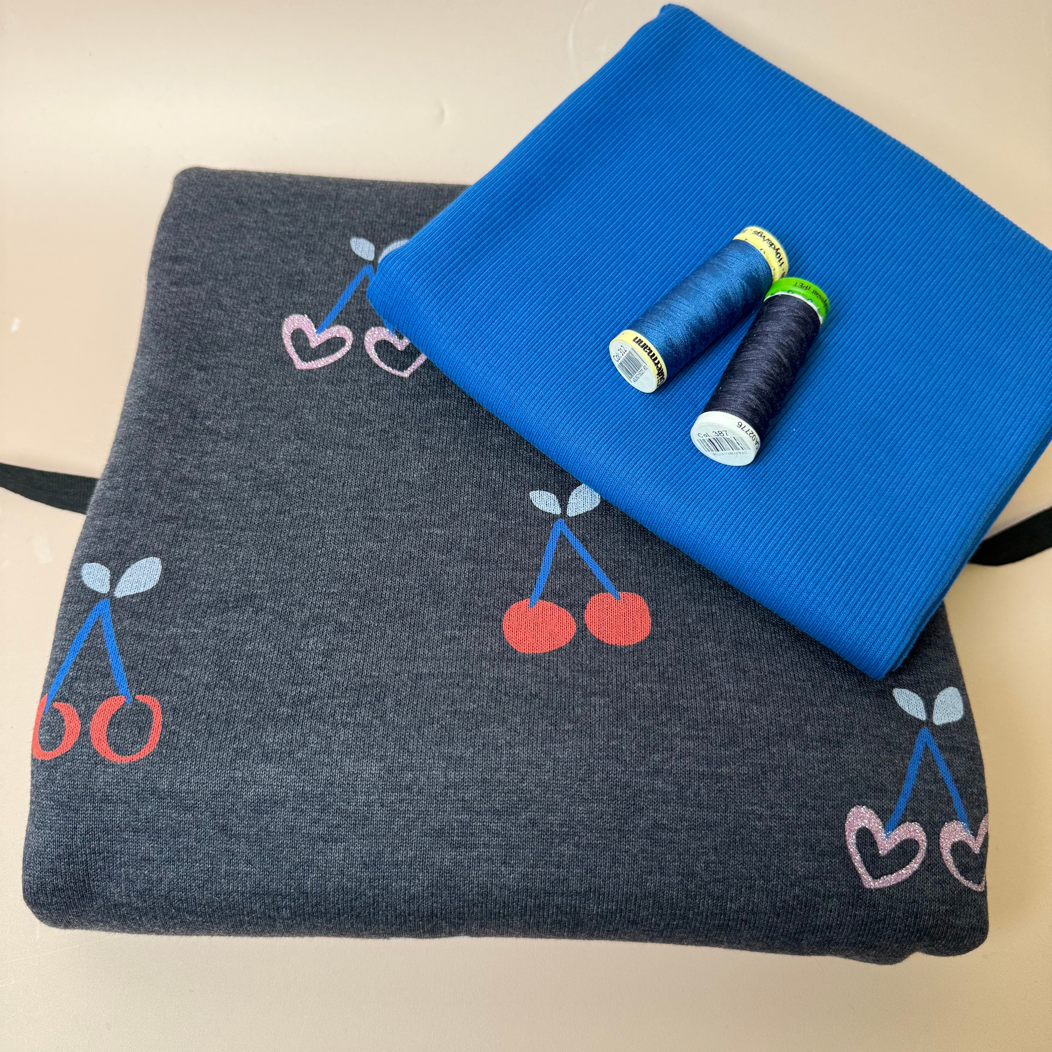 Colour Bundles - Cherries on Melange Dark Navy Sweatshirt & Ribbing