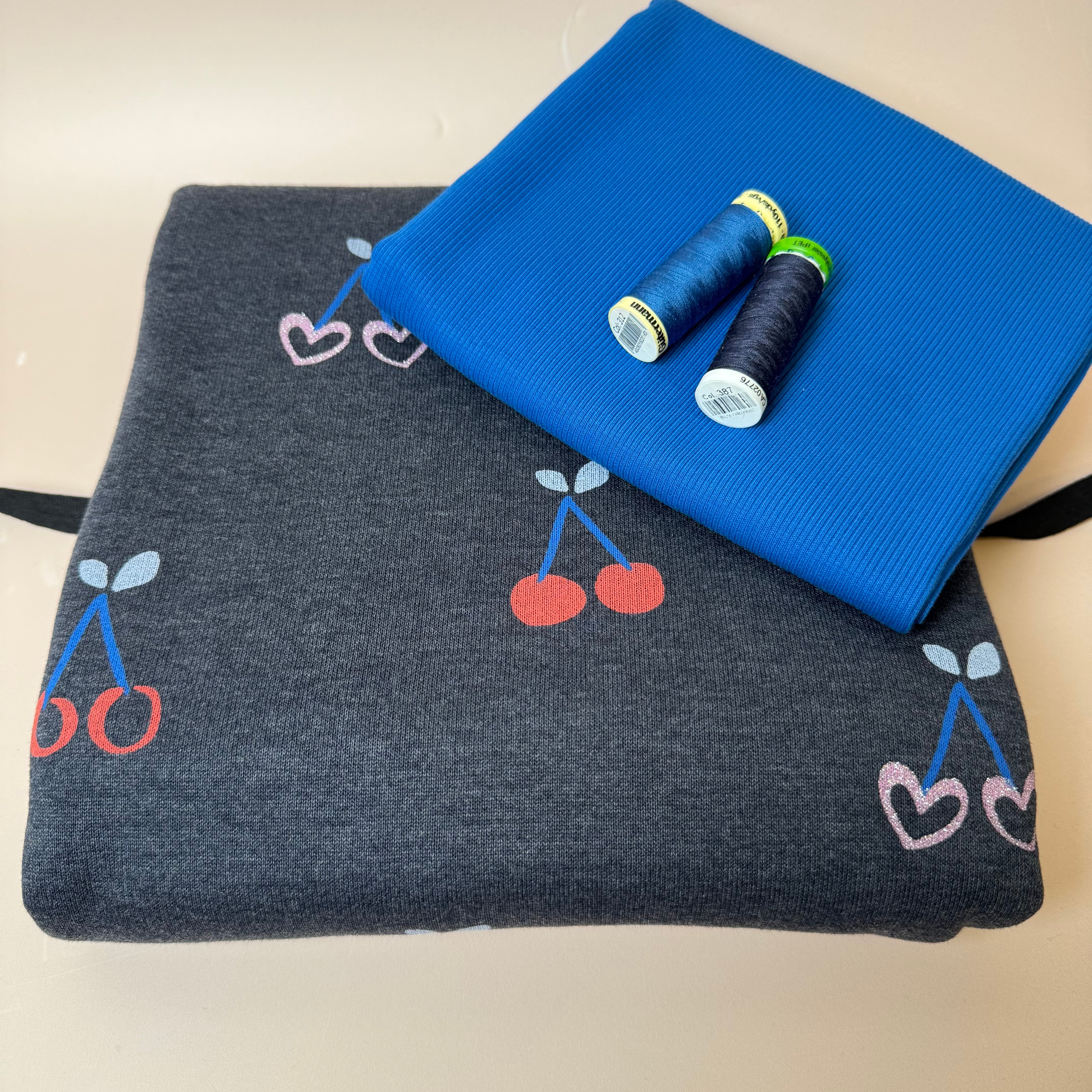 Colour Bundles - Cherries on Melange Dark Navy Sweatshirt & Ribbing