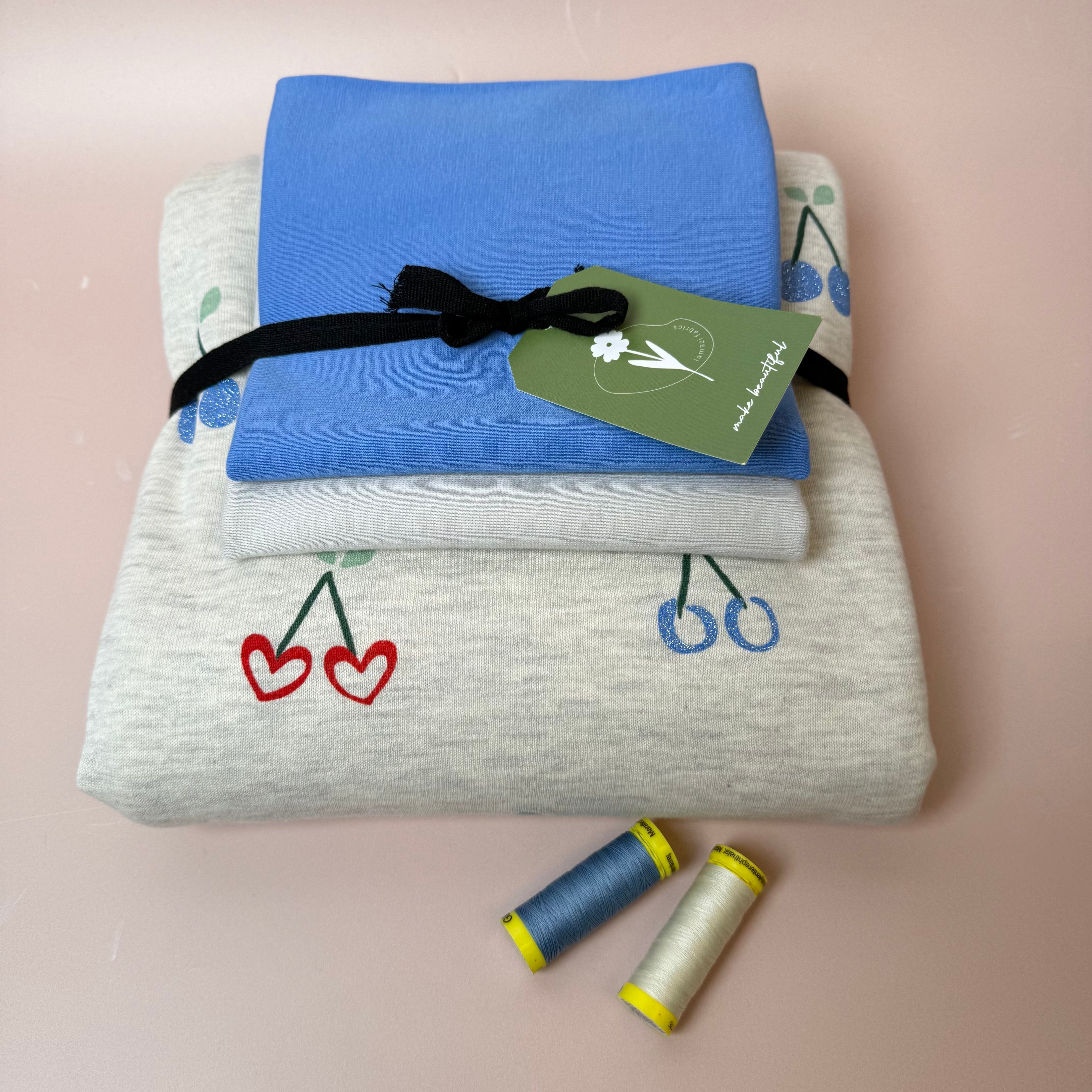 Colour Bundles - Cherries on Melange Ecru Sweatshirt & Ribbing