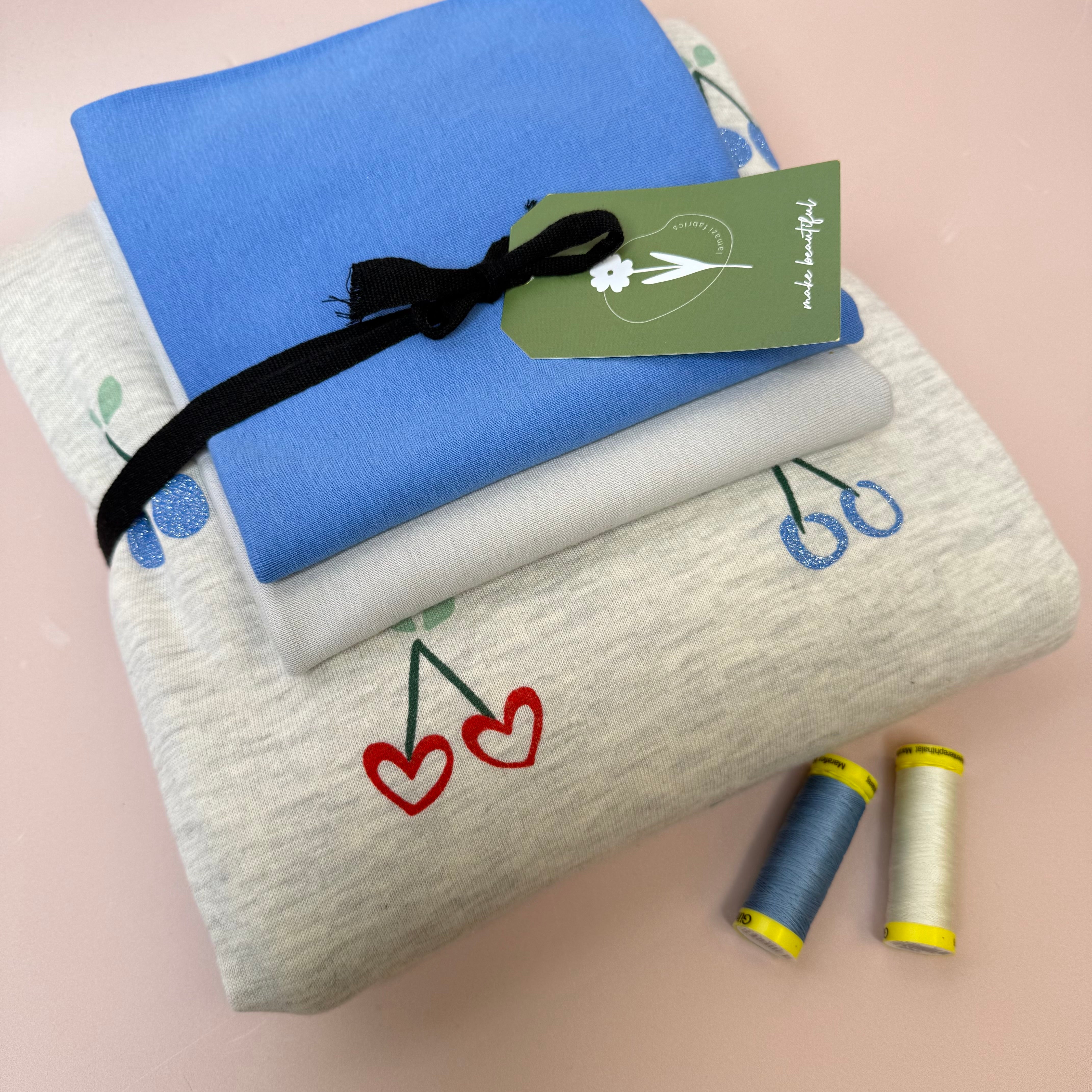 Colour Bundles - Cherries on Melange Ecru Sweatshirt & Ribbing