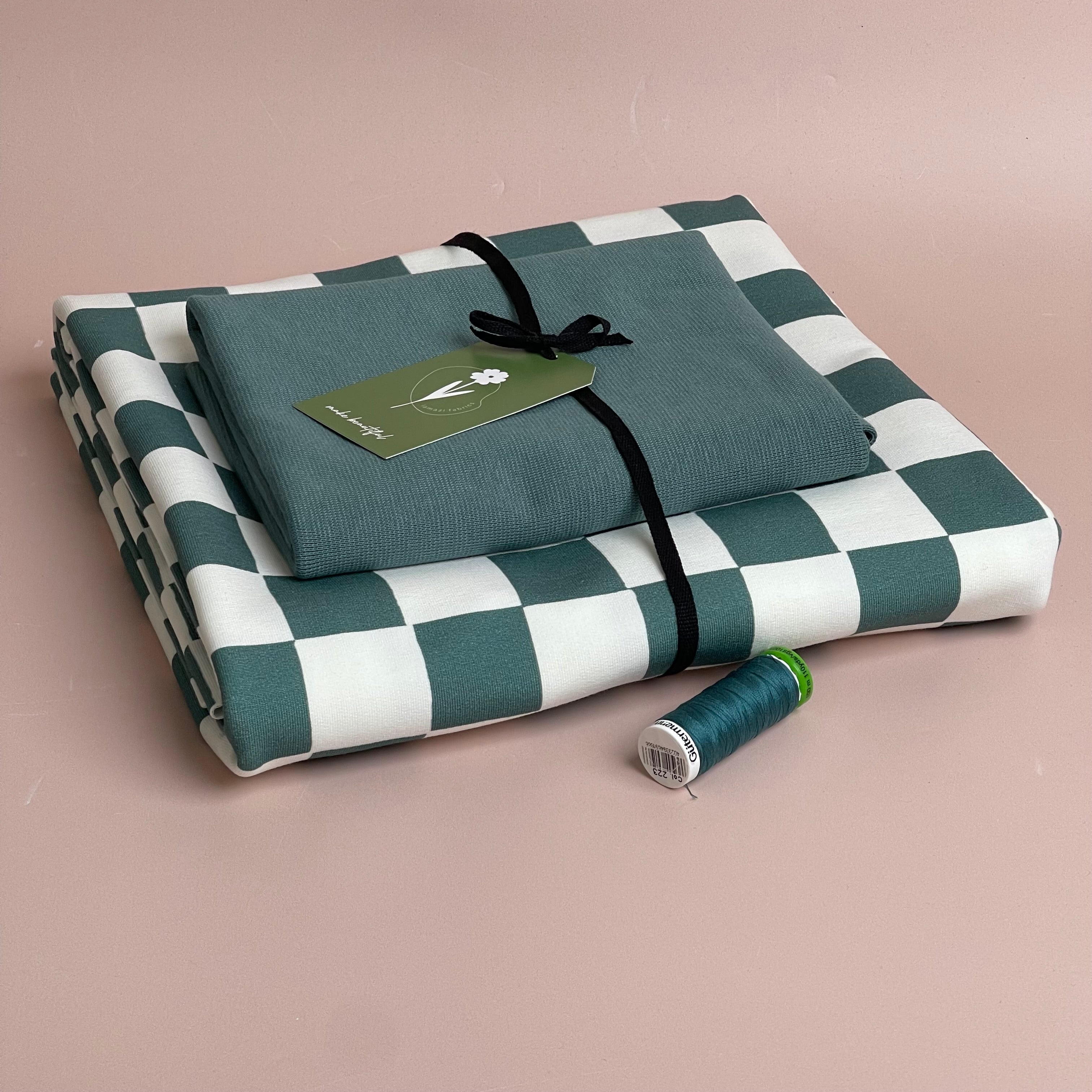 Colour Bundles - Checkers Dark Green Cotton French Terry & Matching Ribbing