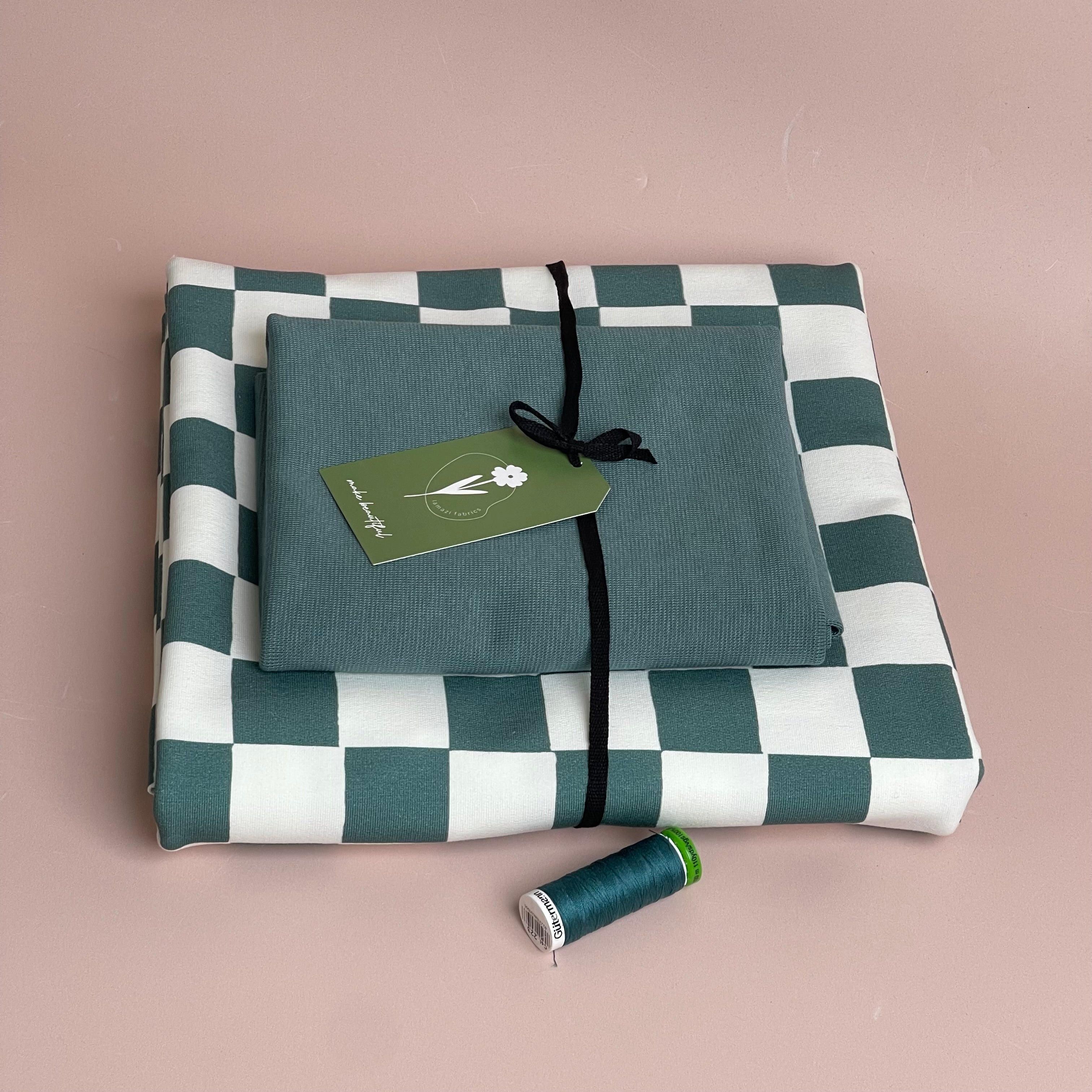 Colour Bundles - Checkers Dark Green Cotton French Terry & Matching Ribbing