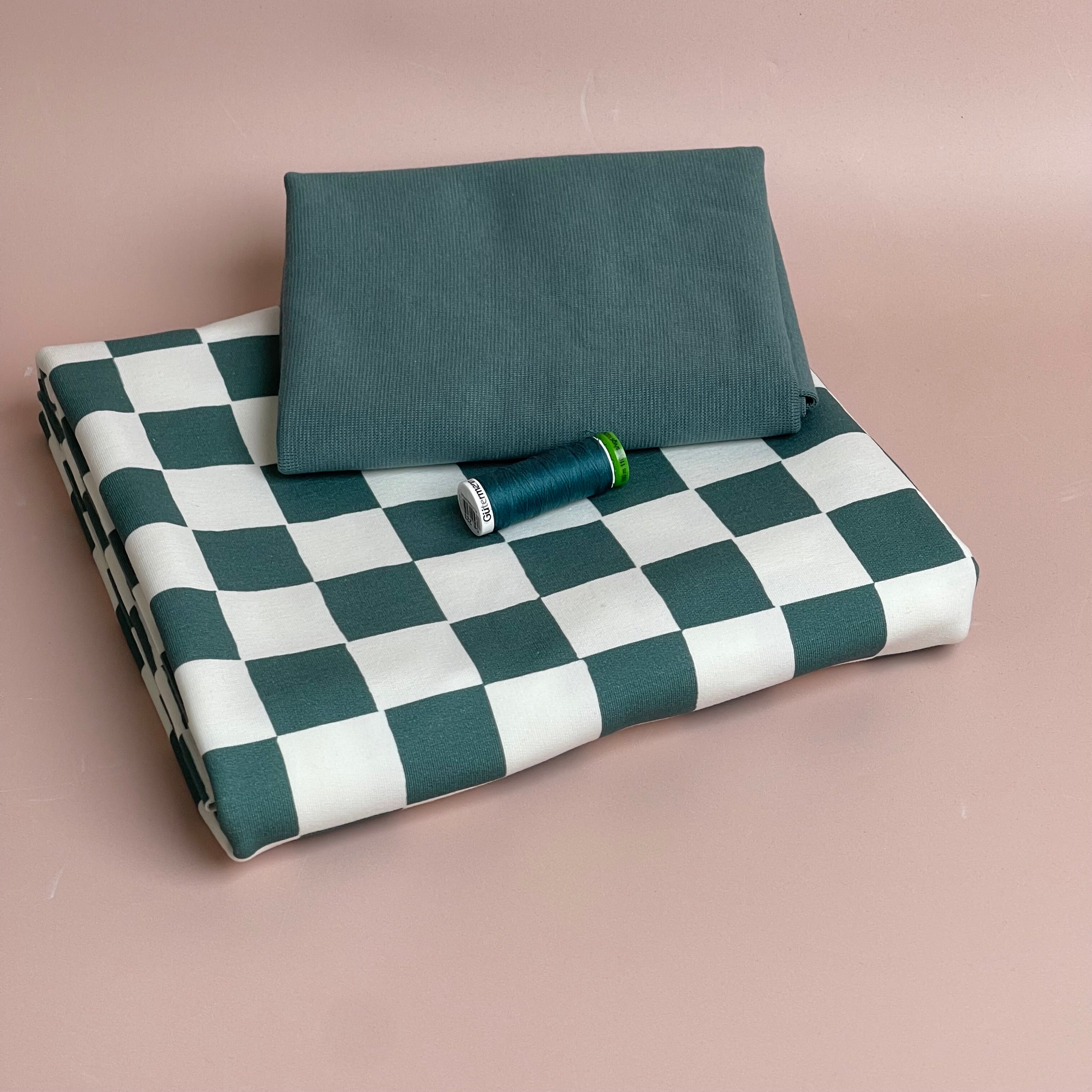 Colour Bundles - Checkers Dark Green Cotton French Terry & Matching Ribbing