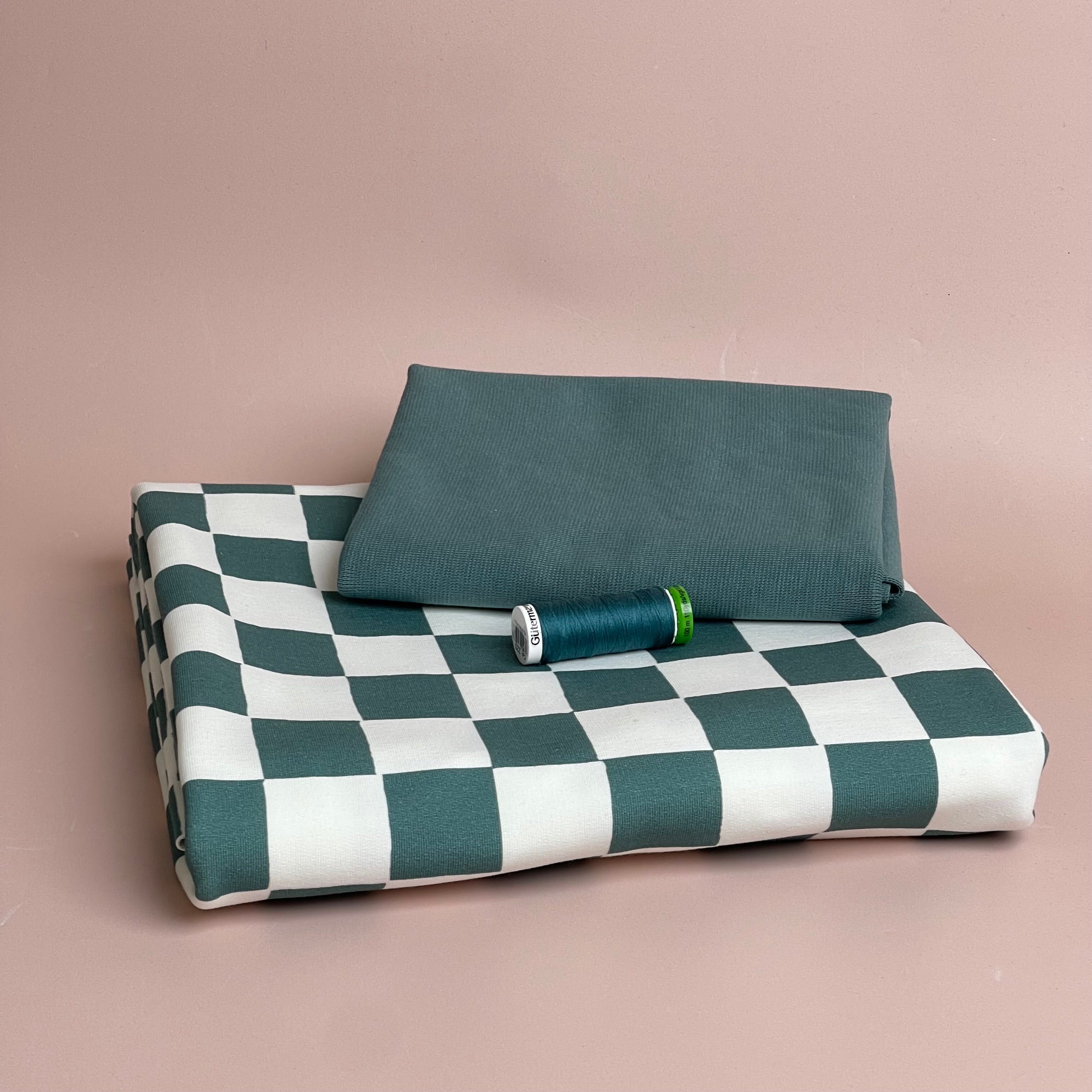 Colour Bundles - Checkers Dark Green Cotton French Terry & Matching Ribbing