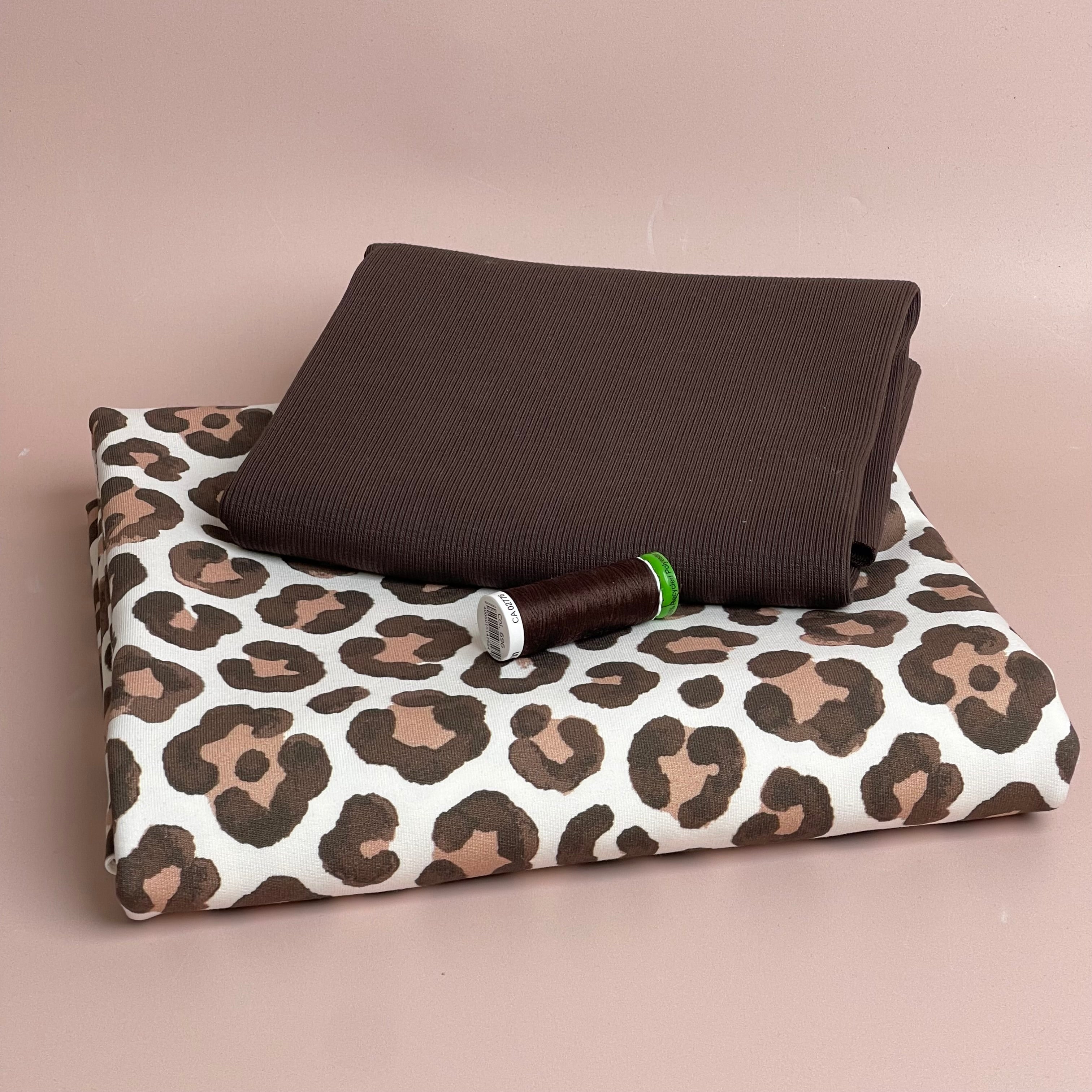 Colour Bundles - Leopard Print Mocha Cotton French Terry & Matching Ribbing