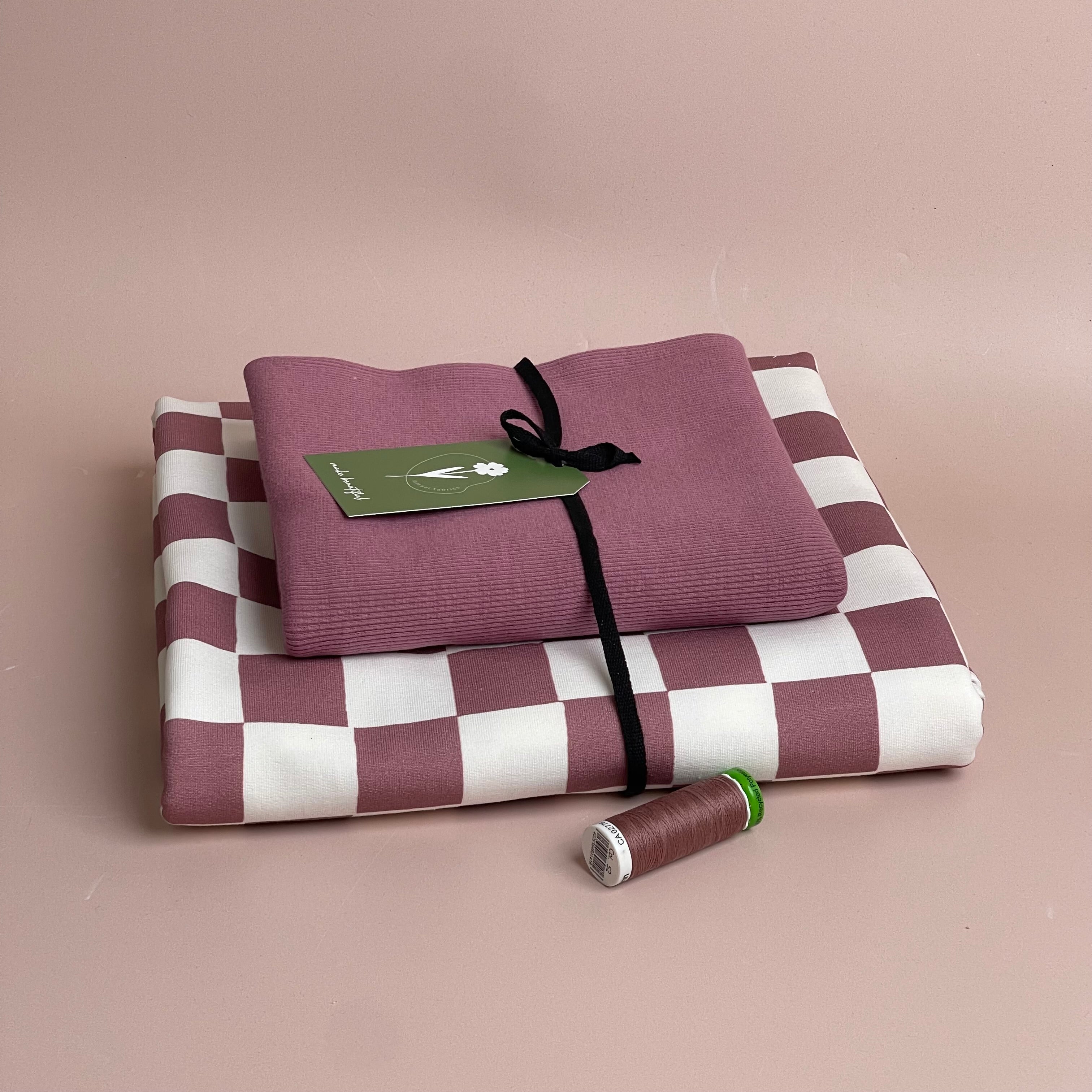 Colour Bundles - Checkers Pink Cotton French Terry & Matching Ribbing