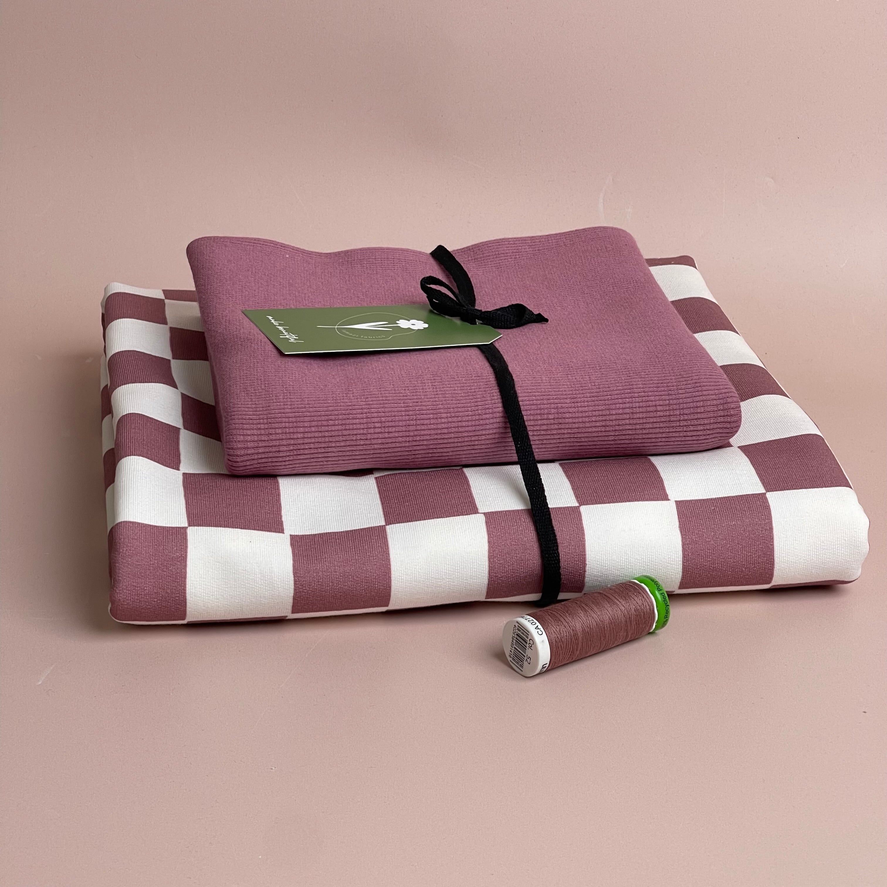 Colour Bundles - Checkers Pink Cotton French Terry & Matching Ribbing