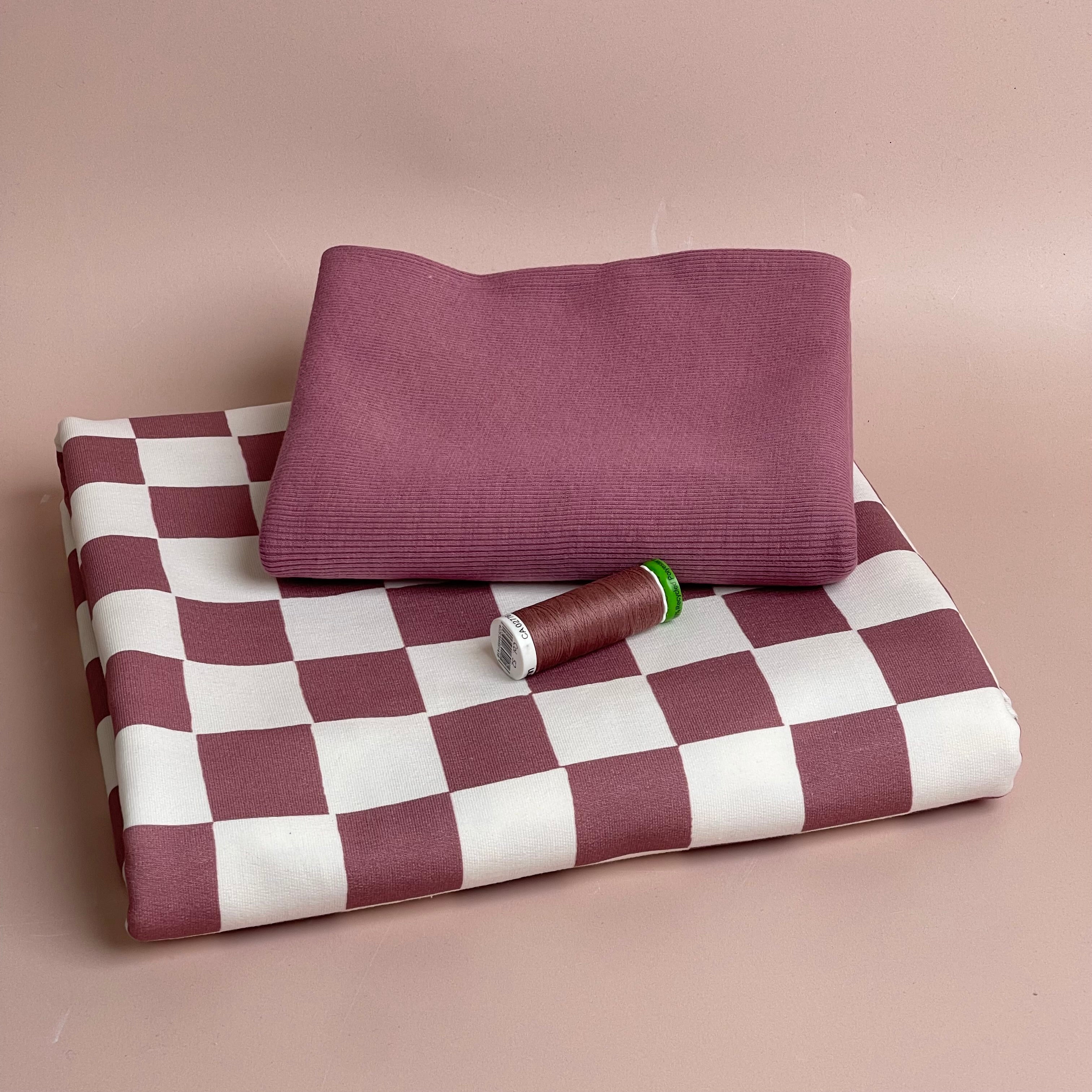 Colour Bundles - Checkers Pink Cotton French Terry & Matching Ribbing
