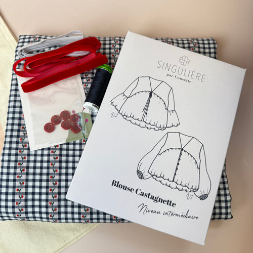 Sewing Kit - Cousette Castagnette Blouse in Navy Gingham Cotton Jacquard