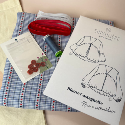 Sewing Kit - Cousette Castagnette Blouse in Light Blue with Hearts Gingham Cotton Jacquard