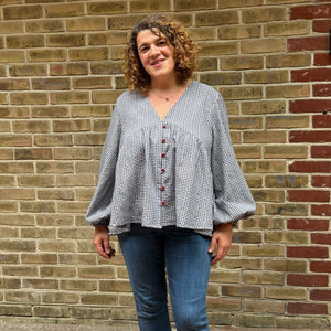 Sewing Kit - Cousette Castagnette Blouse in Navy Gingham Cotton Jacquard