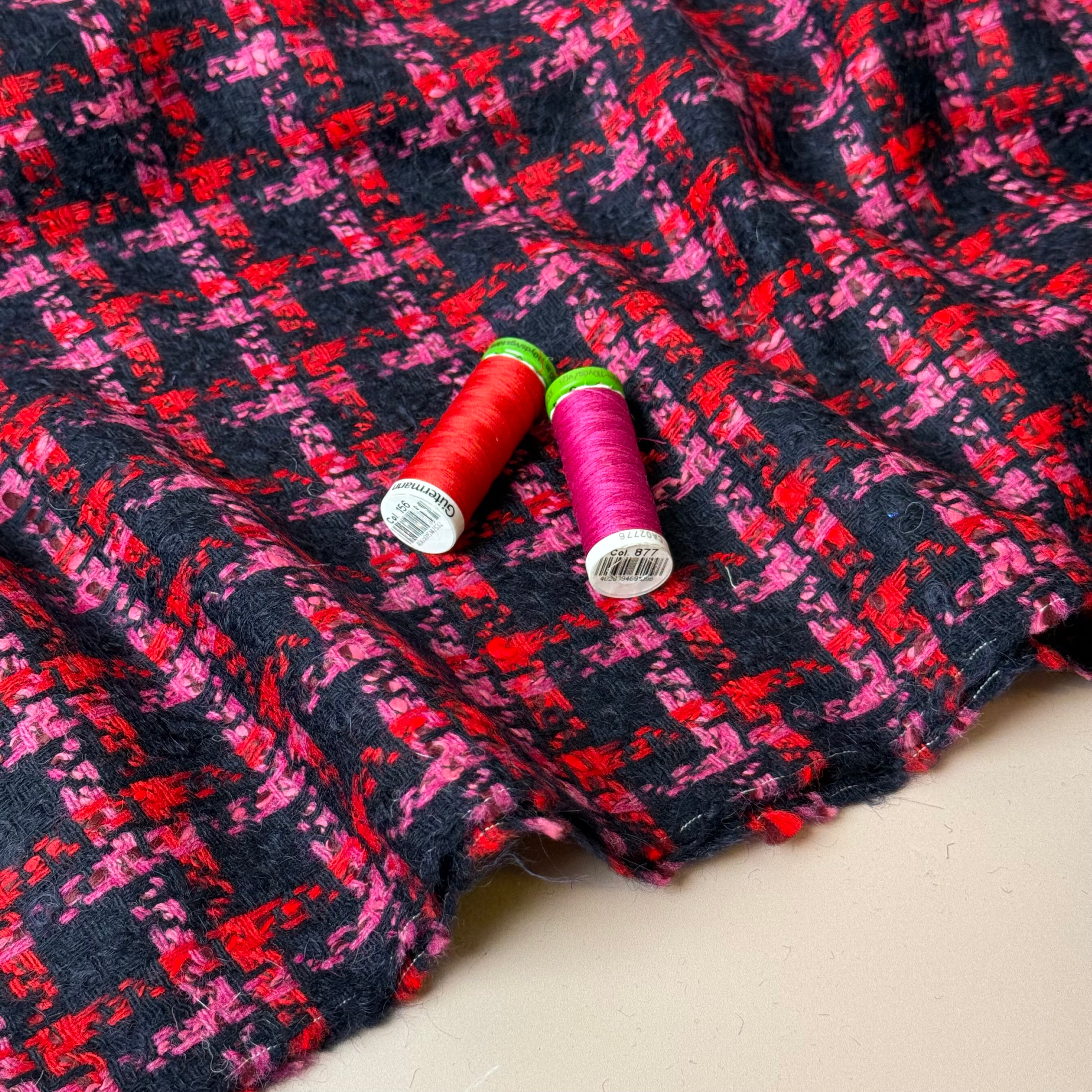 Deadstock - Ab Moon Wool Boucle Tweed in Navy, Red & Pink