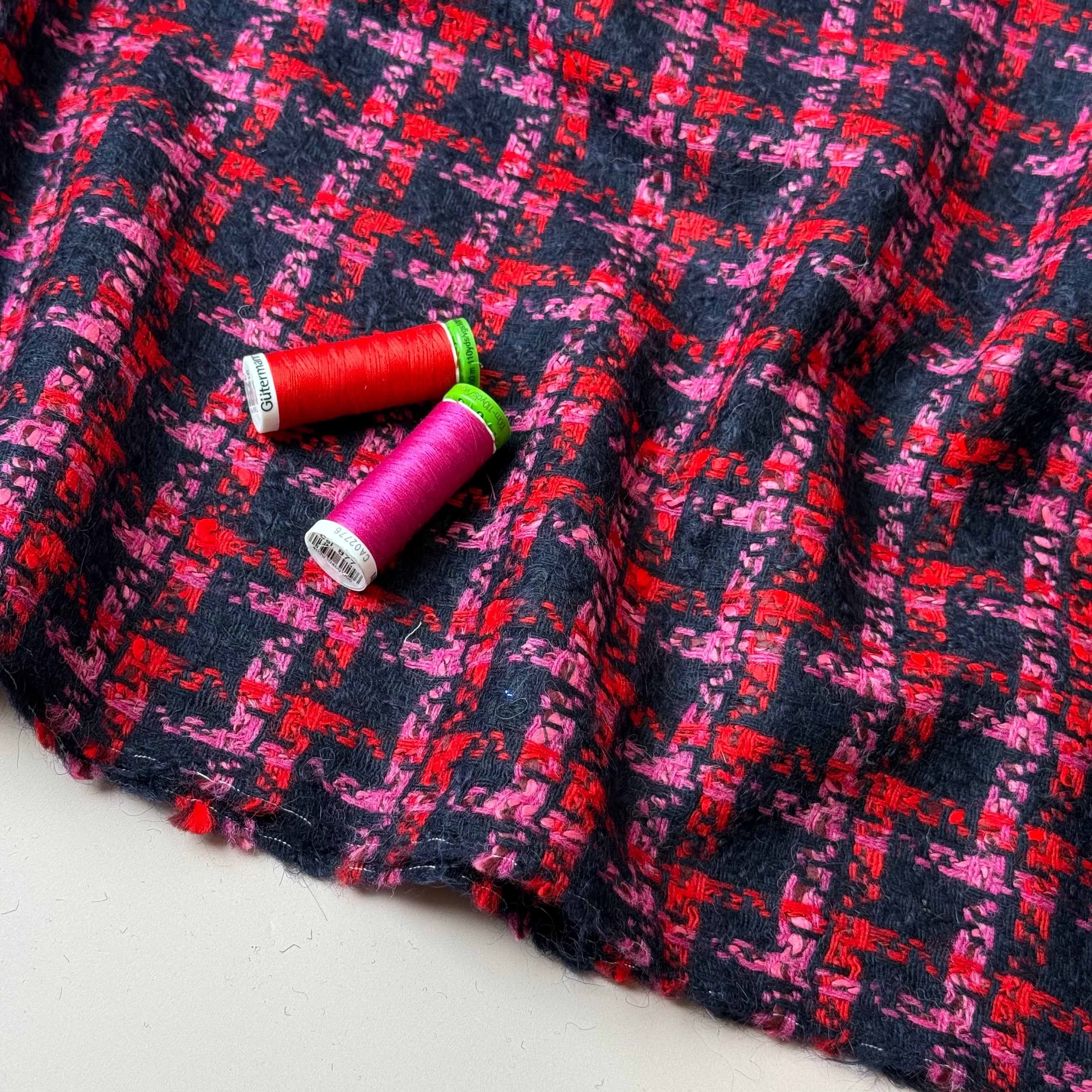 Deadstock - Ab Moon Wool Boucle Tweed in Navy, Red & Pink