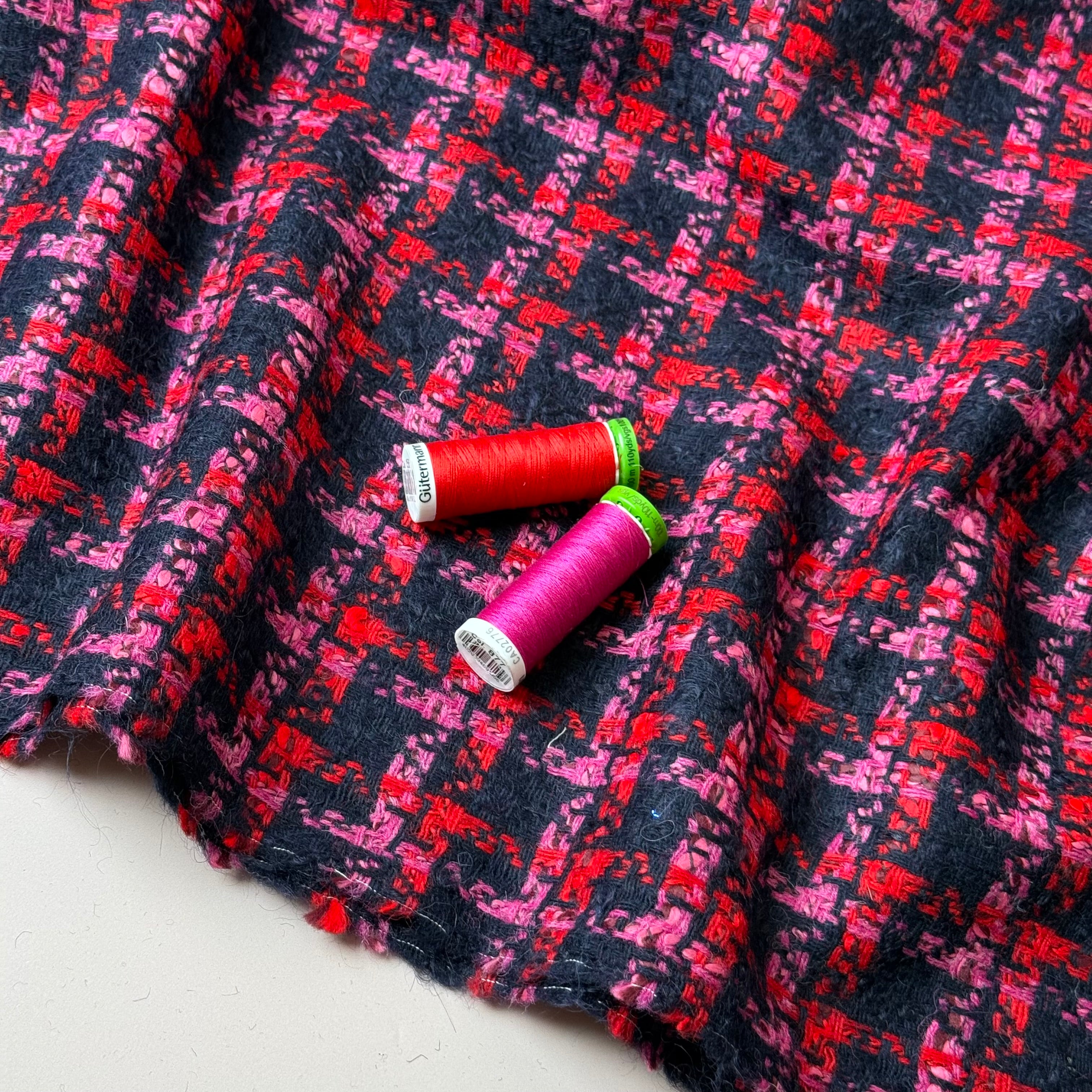 Deadstock - Ab Moon Wool Boucle Tweed in Navy, Red & Pink